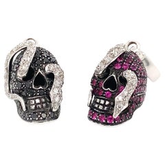 Theo Fennell Ruby, White & Black Diamond Skull Charms (2) in 18 Carat White Gold