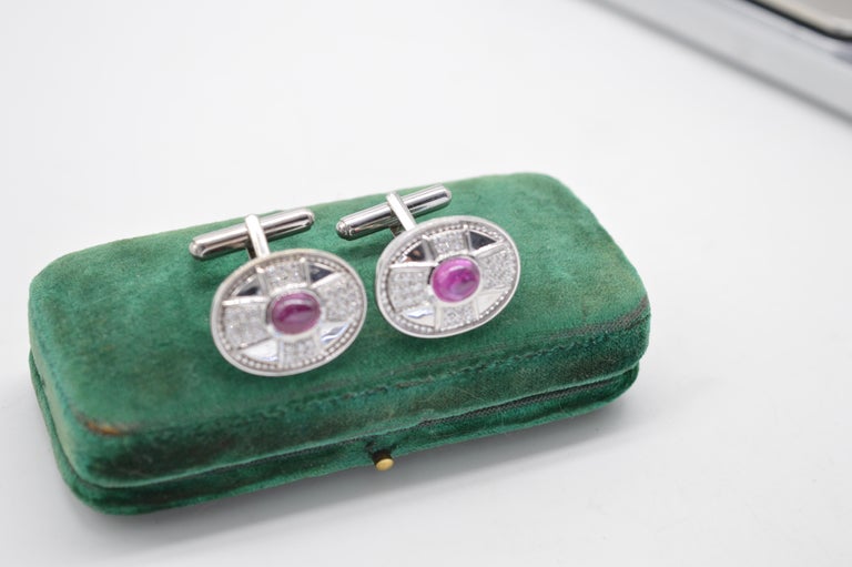 Theo Fennell Ruby and Diamond 18ct White Gold Cufflinks Maltese Cross Design In Good Condition For Sale In Benfleet, GB