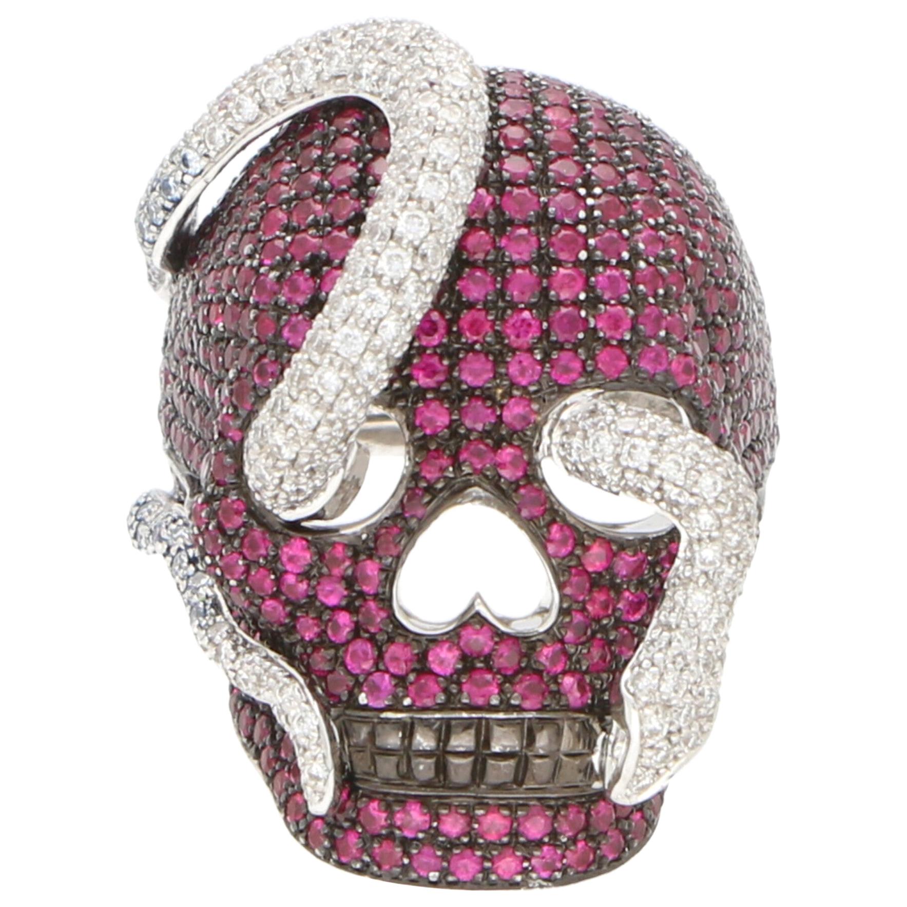 Theo Fennell Ruby and Diamond Skull and Snake Rhodium Ring in 18 Karat Gold