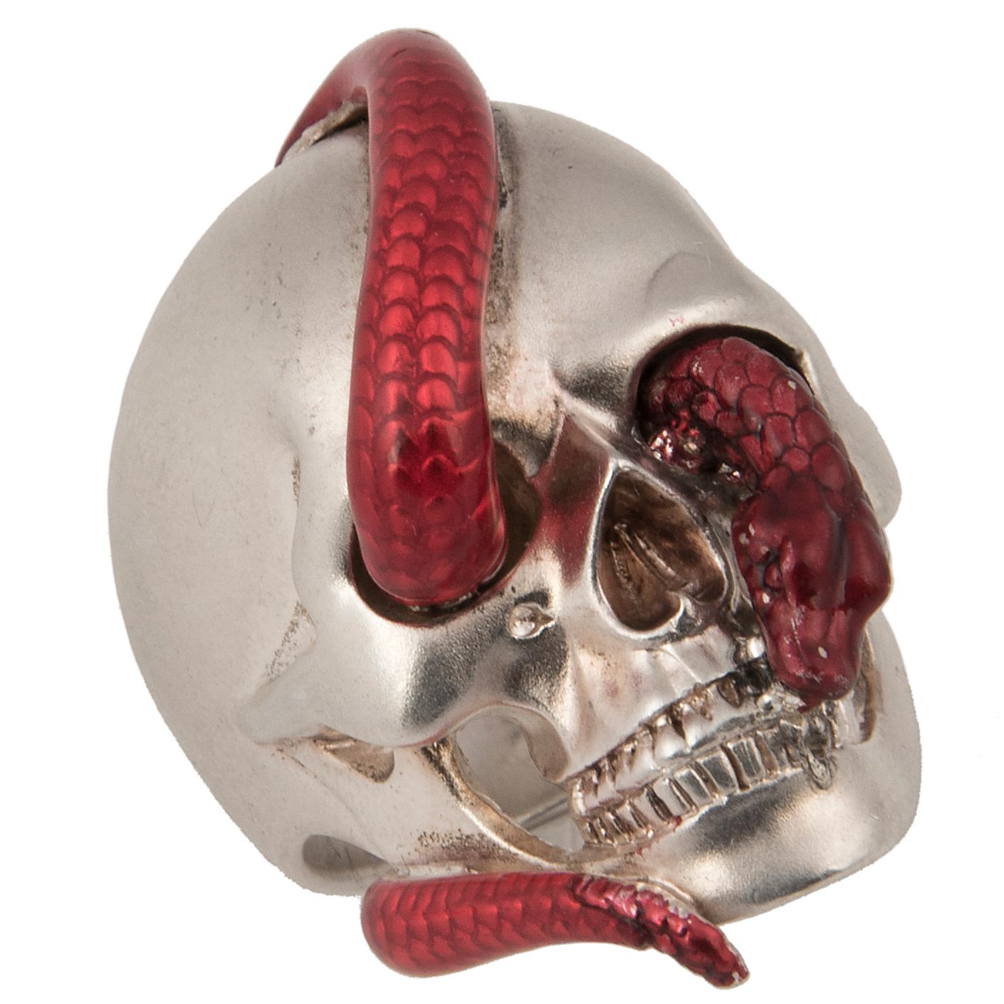 Memento Mori Ring by Theo Fennell, designed as a silver skull with a black enamelled snake 
Stamped TF for Theo Fennel, English hallmarks
Size EU: 58, US: 8 /1/2 (also available in EU: 51, US 5 1/2) 
Circa 2015

Theo Fennell is a Brittish Jewellery