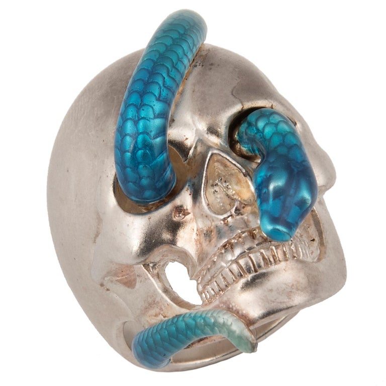 Theo Fennell Silver and Blue Enamel Skull Ring For Sale at 1stDibs