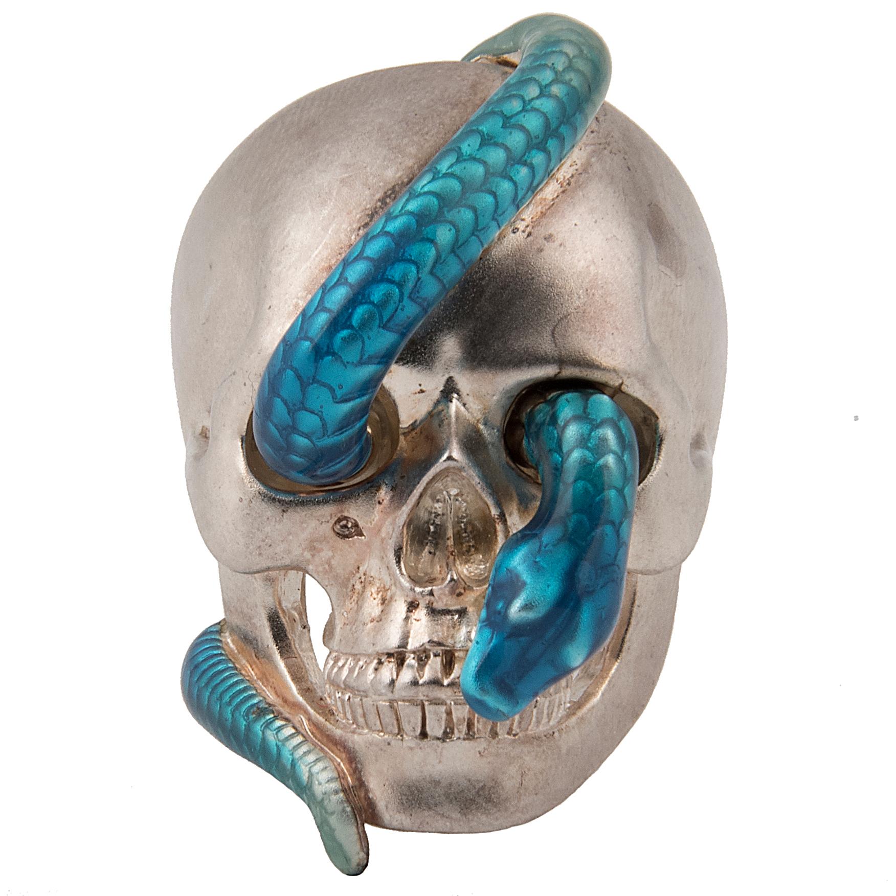 Theo Fennell Silver and Blue Enamel Skull Ring For Sale