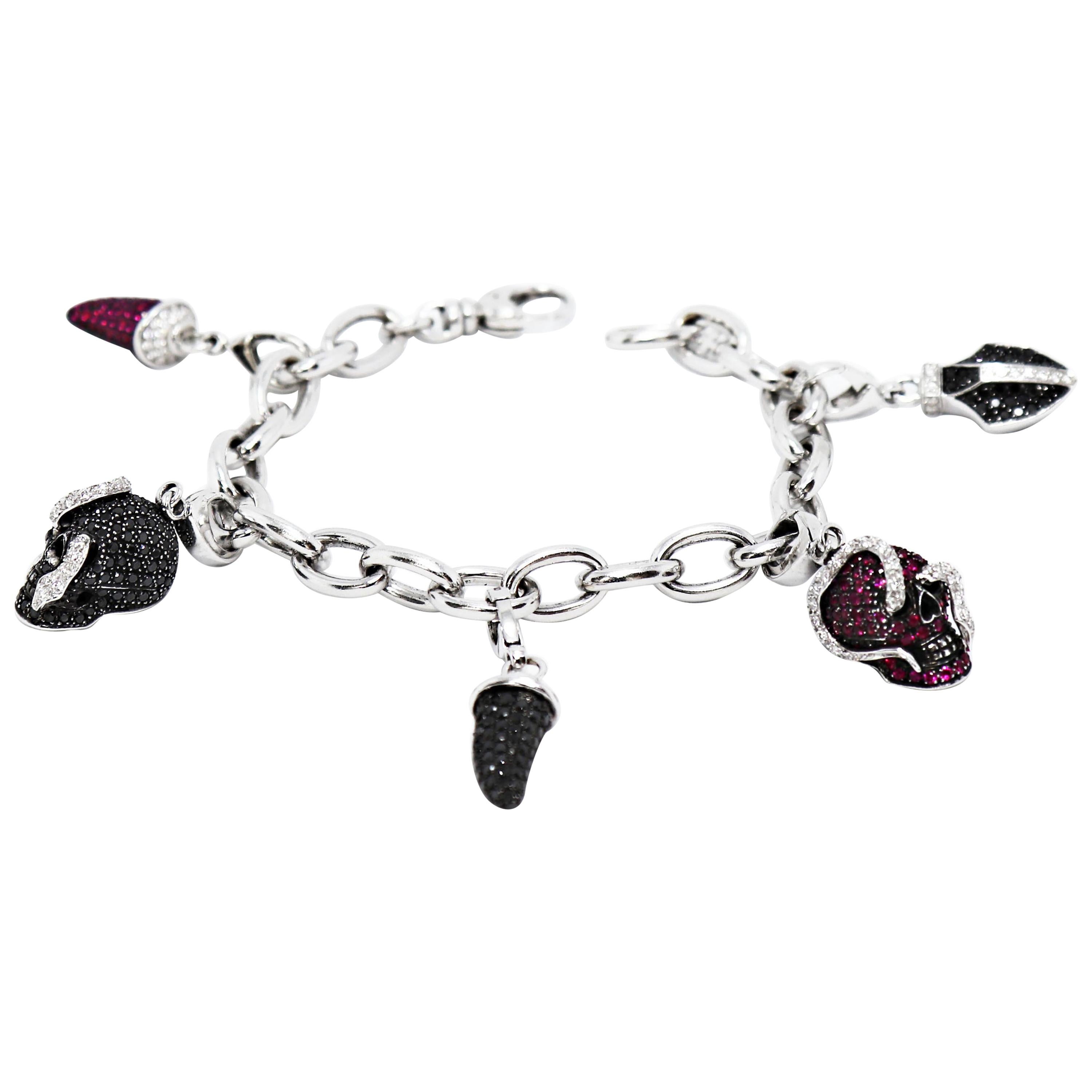 Theo Fennell Skull and Horn Charm Ruby and Diamond 18 Carat Gold Bracelet For Sale