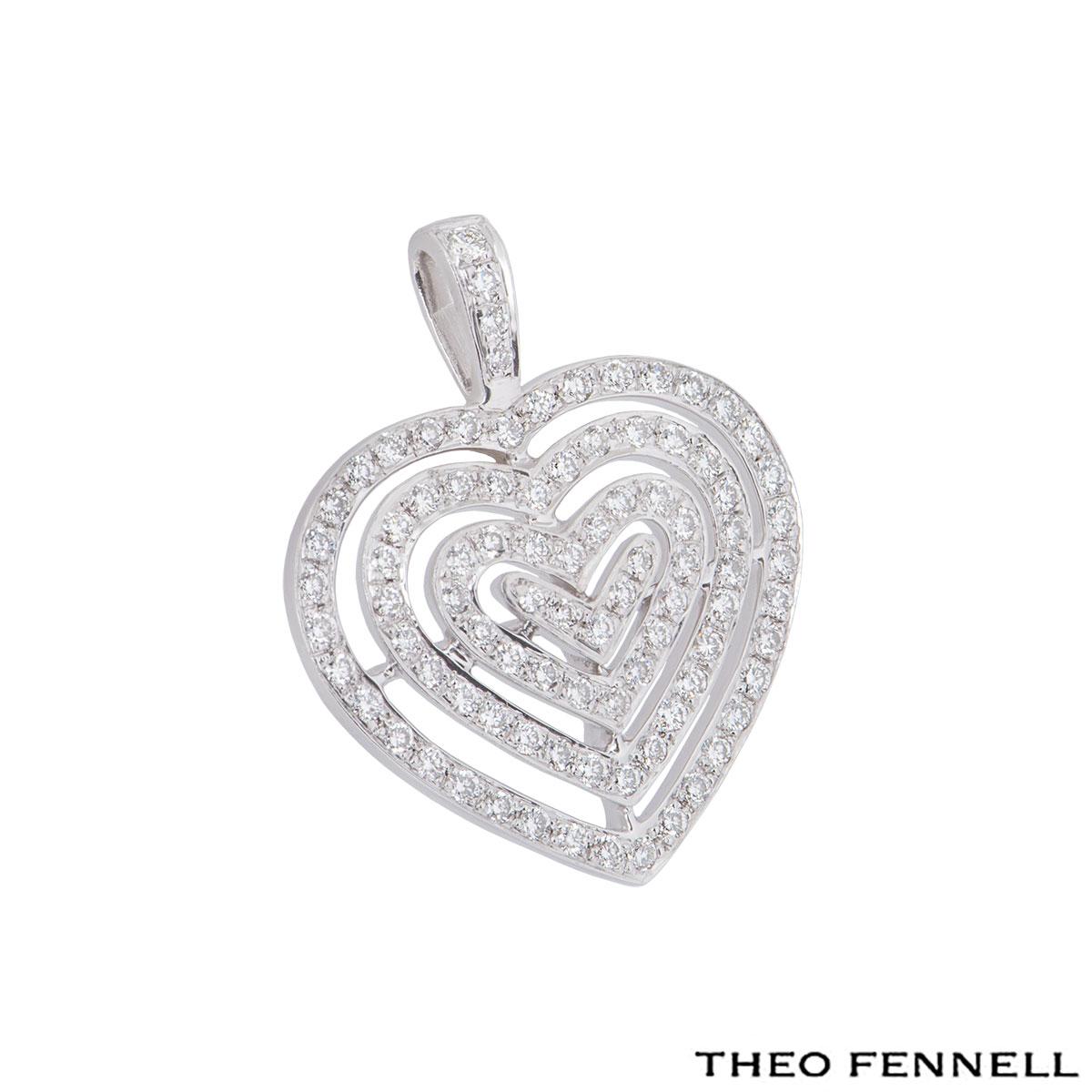 A beautiful 18k white gold diamond heart pendant by Theo Fennell. The openwork design consists of 4 hearts set inside each other with round brilliant cut diamonds in a pave setting with an approximate weight of 1.04ct. The heart motif features a