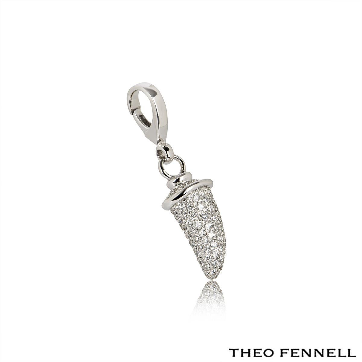 An 18k white gold diamond horn charm by Theo Fennell. The charm is pave set with round brilliant cut diamonds and features a lobster style clasp. It has a gross weight of 3.10 grams and a height of 2.1cm.

The charm comes complete with a