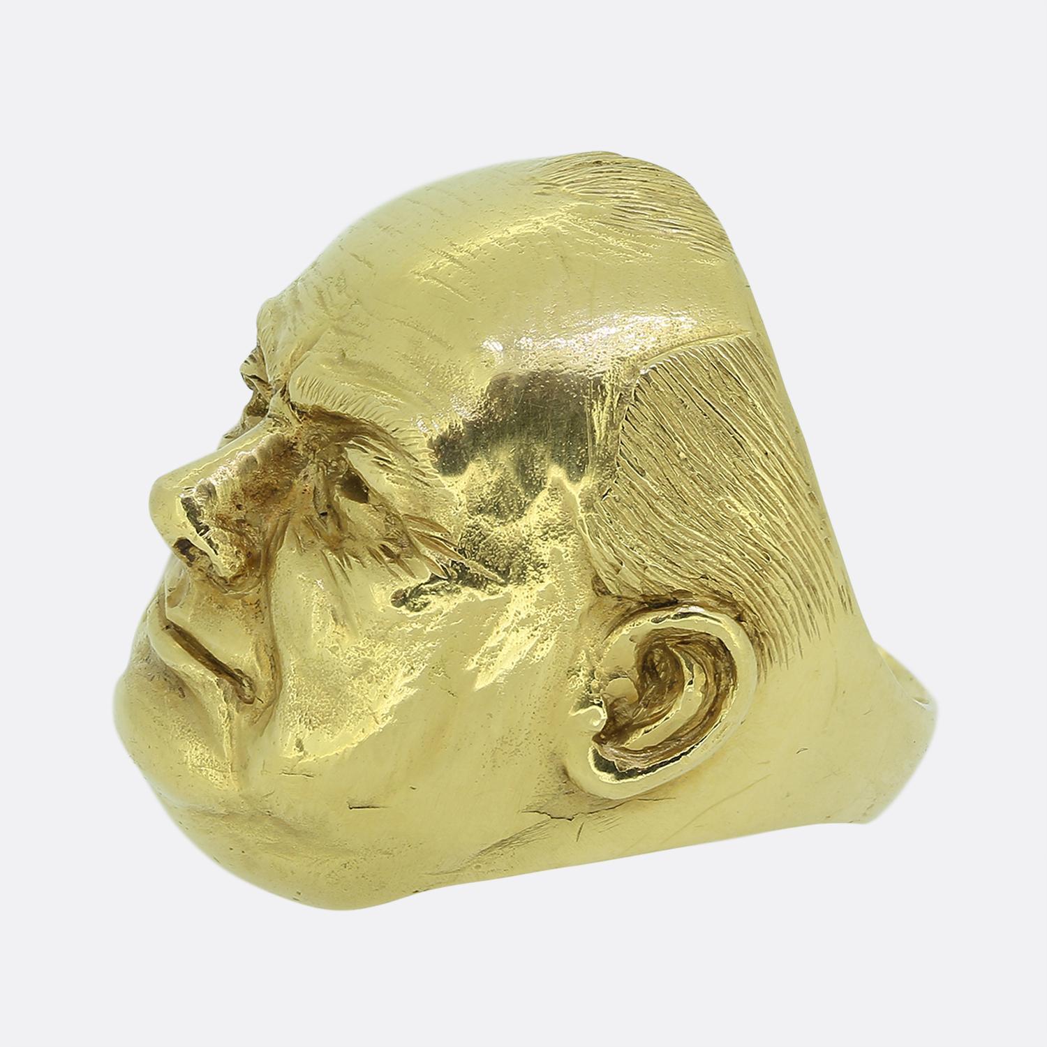 Here we have an impressive and rare 18ct yellow gold ring from the luxury jewellery designer Theo Fennell. The ring forms part of the Heroes and Villains collection and depicts an incredibly detailed Winston Churchill figurehead. The ring is a