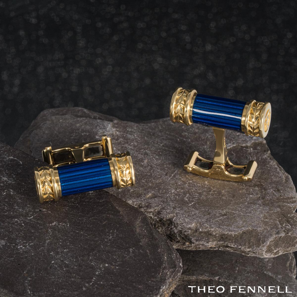 Men's Theo Fennell Yellow Gold Blue Enamel Cufflinks For Sale
