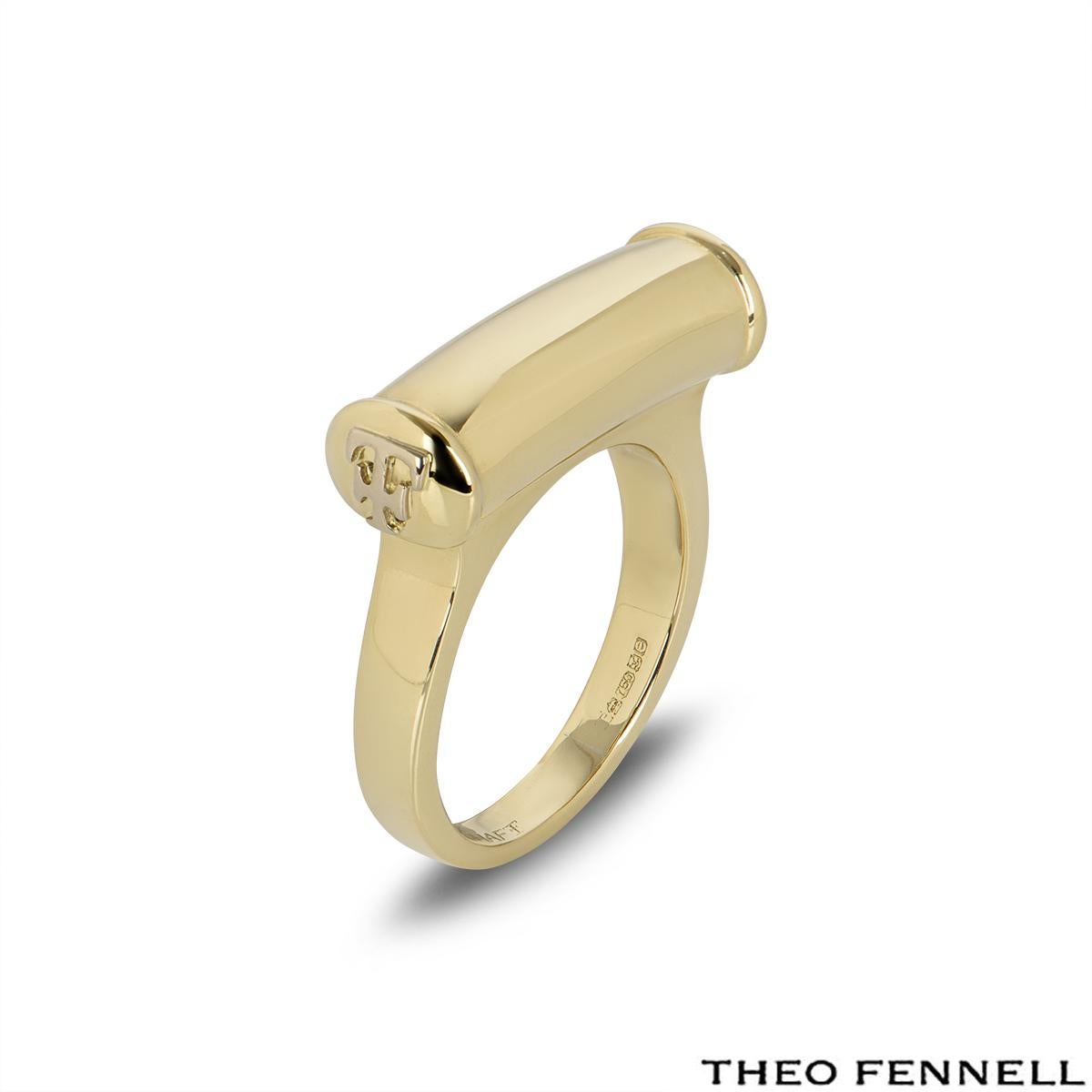 An iconic 18k yellow gold dress ring by Theo Fennell. The ring features a yellow gold barrel with the traditional 'TF' on either side. The band measures at 5mm and tapers down to 3mm, it is currently a size  UK Q  & US 8.5 but can be adjusted for a