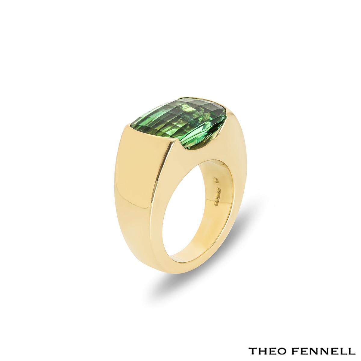 Ein Unisex-Ring aus 18 Karat Gelbgold mit Turmalin Arc von Theo Fennell. Die Mitte dieses Arc-Rings ziert ein 12,44ct natürlicher grüner Turmalin im namibischen Schachbrettschliff, der horizontal in einer Spannfassung gefasst ist. Der Ring verjüngt