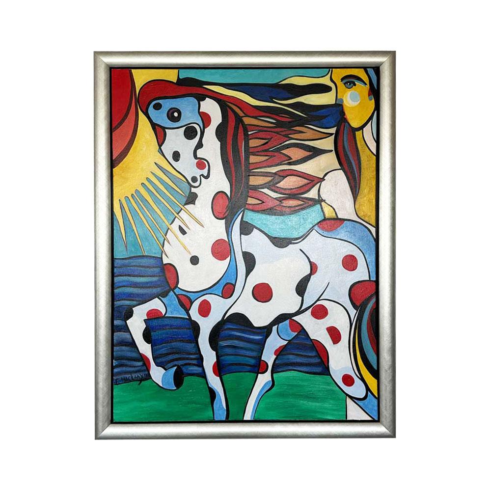 Animal Painting Theo Mackaay - Peinture à l'huile figurative Ardiente - Cheval coloré - Animaux - Soleil - Points humains - En stock