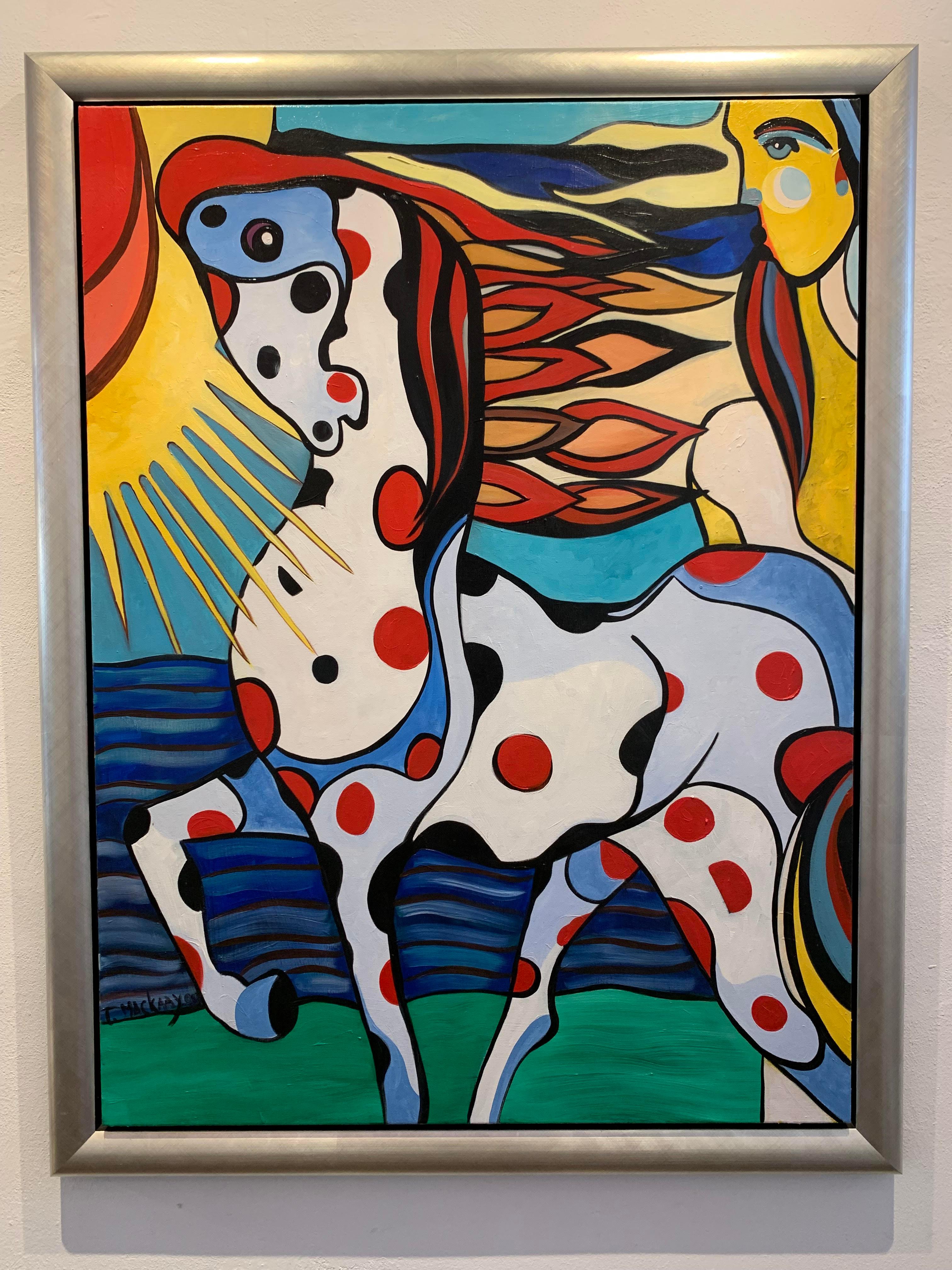 Peinture à l'huile figurative Ardiente - Cheval coloré - Animaux - Soleil - Points humains - En stock - Contemporain Painting par Theo Mackaay