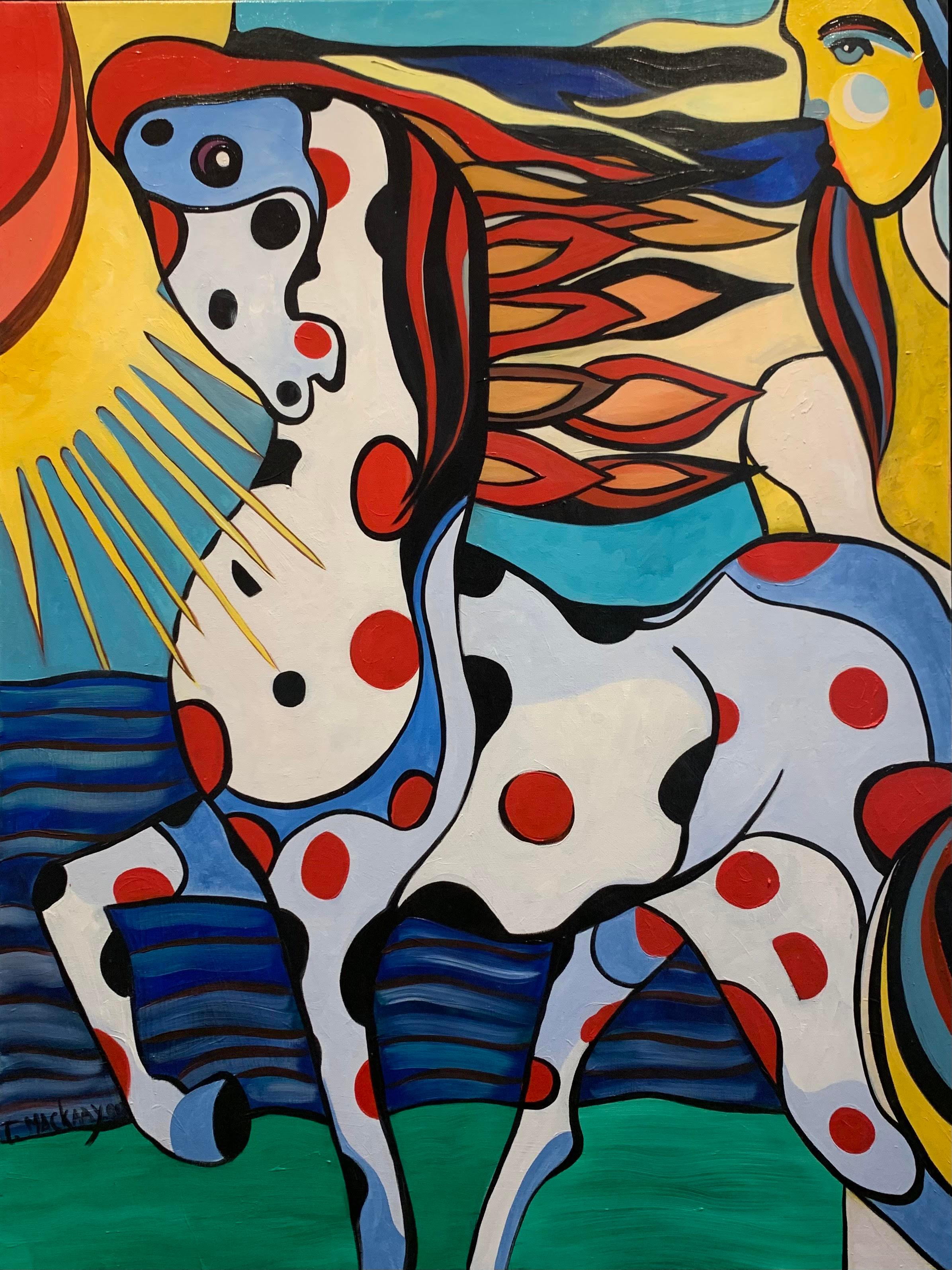 Peinture à l'huile figurative Ardiente - Cheval coloré - Animaux - Soleil - Points humains - En stock - Painting de Theo Mackaay