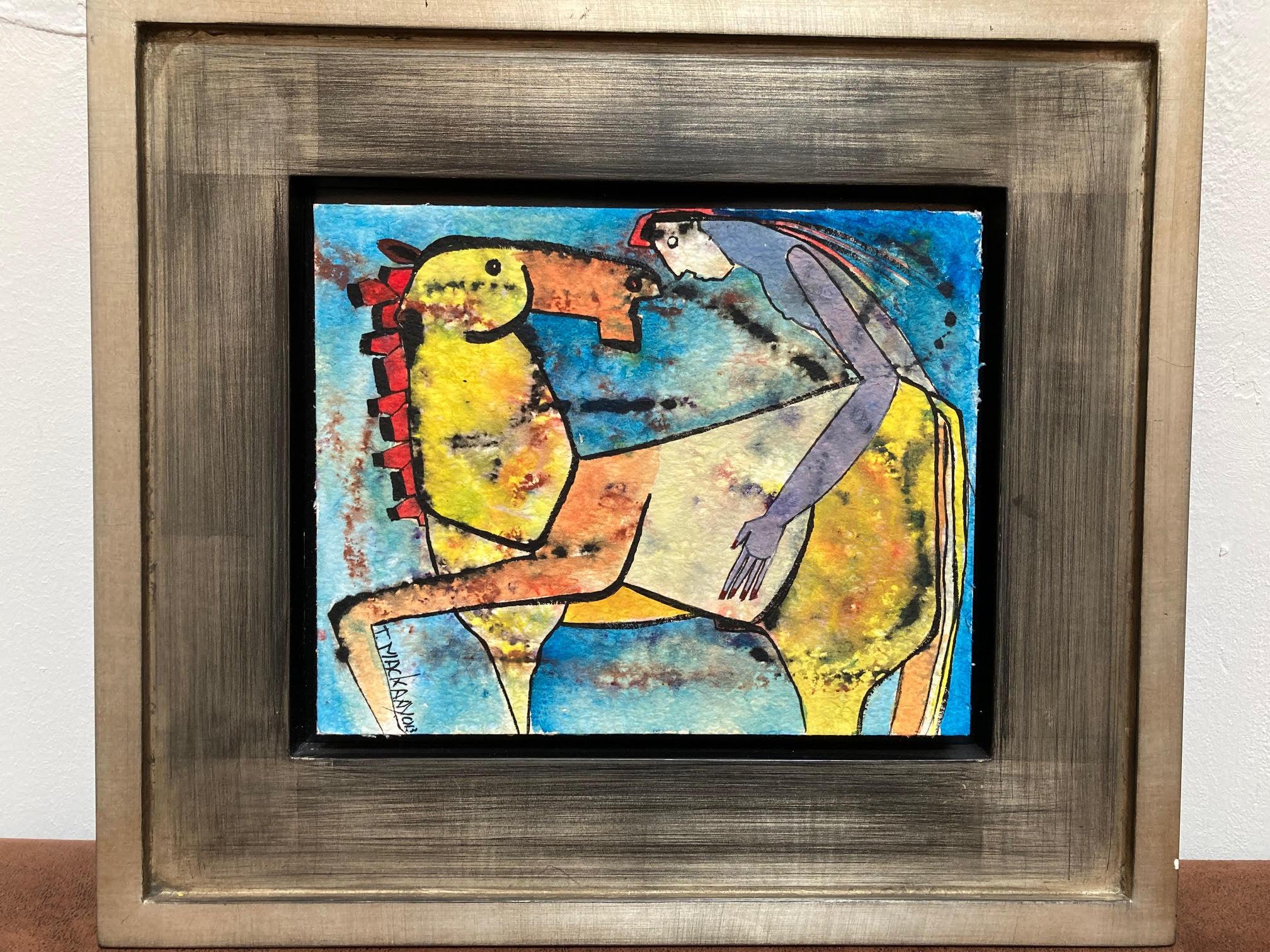 Caballo Yellow Horse Mixed Media Maroufle Framed En Stock - Painting de Theo Mackaay