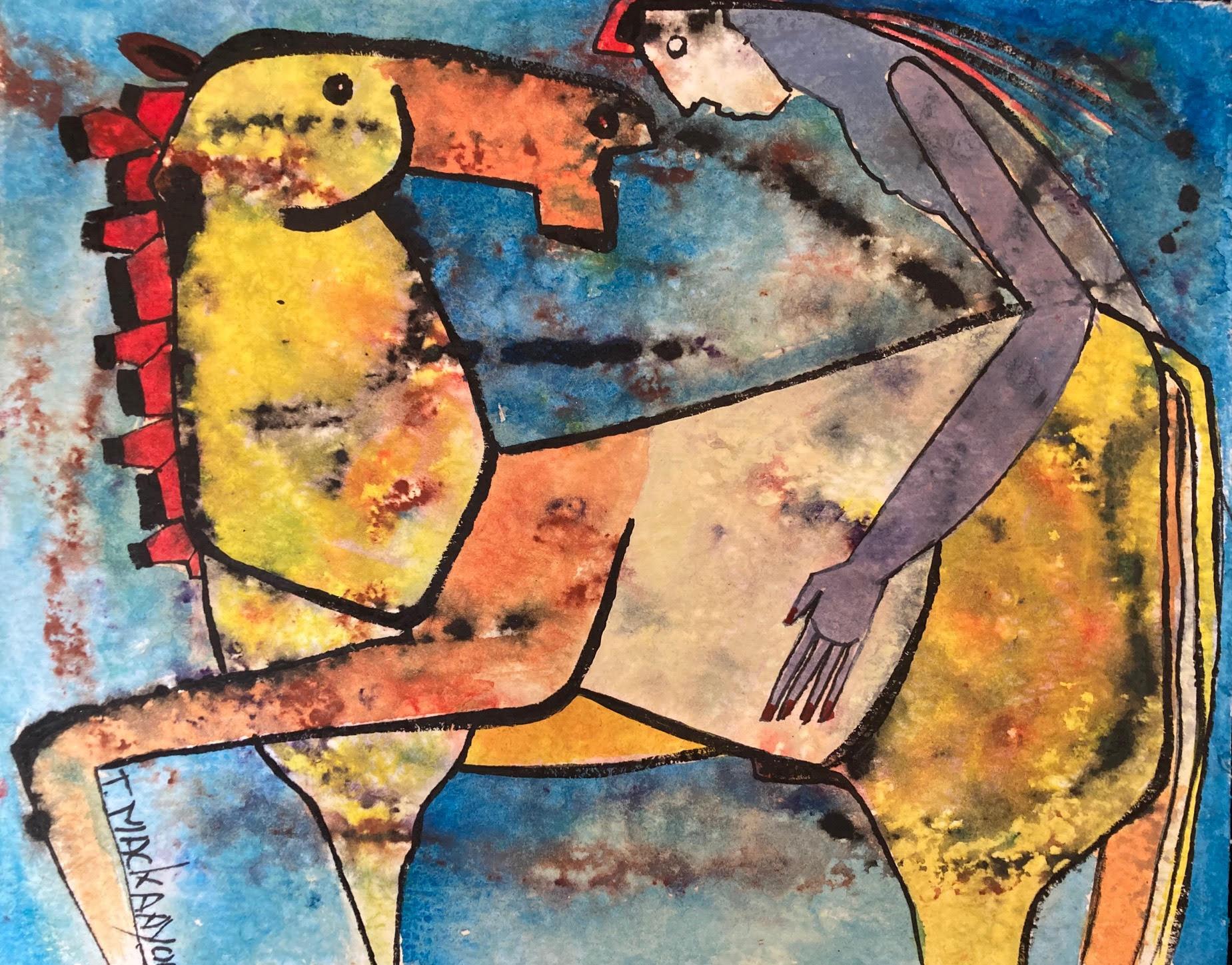 Animal Painting de Theo Mackaay - Caballo Yellow Horse Mixed Media Maroufle Framed En Stock