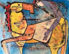 Caballo Yellow Horse Mixed Media Maroufle Framed In Stock