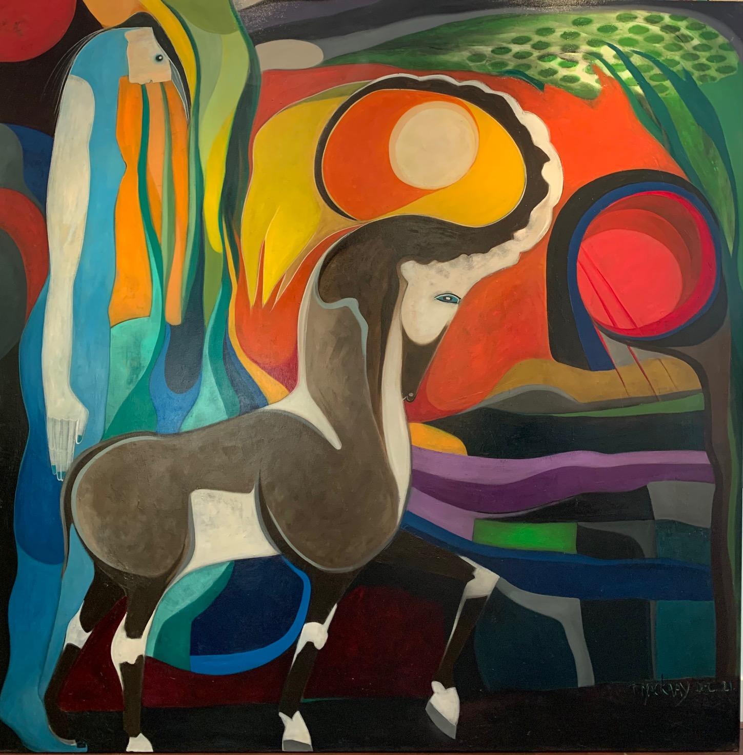 Theo Mackaay Animal Painting - Capricon Painting Oil on Linnen Sun Colorful In Stock 