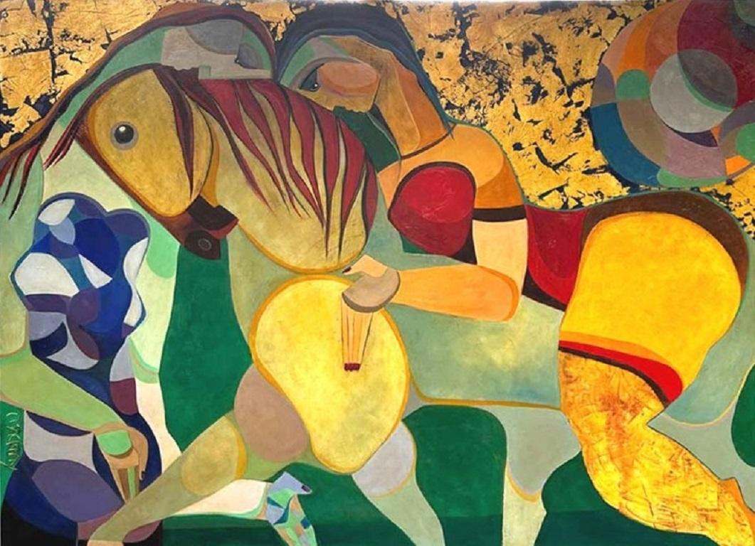 Figurative Painting de Theo Mackaay - El Poder del Amor Pintura al Óleo sobre Lienzo Caballo Mujer Cubismo Dorado En Stock