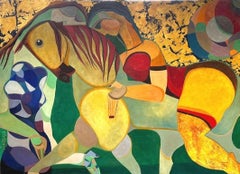 El Poder del Amor Pintura al Óleo sobre Lienzo Caballo Mujer Cubismo Dorado En Stock