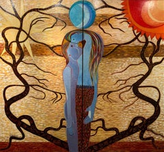 Peinture à l'huile sur Linnen « The Trees The Cosmos and the Couple » (Les arbres le cosmos et les deux hommes)