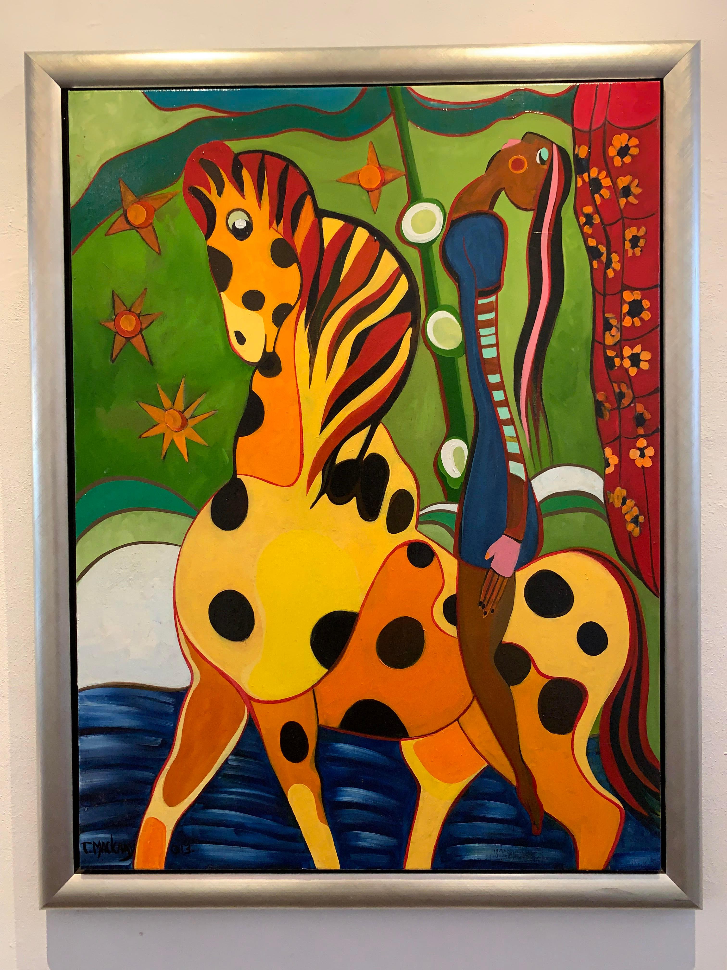 Peinture à l'huile « Trust » colorée, femme cheval, jaune, orange, bonheur, en stock - Contemporain Painting par Theo Mackaay
