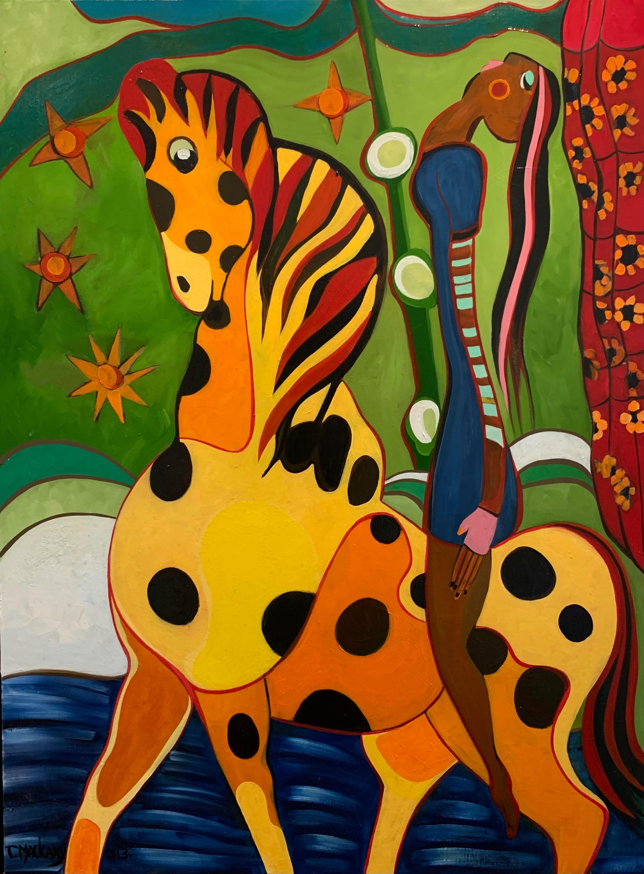 Peinture à l'huile « Trust » colorée, femme cheval, jaune, orange, bonheur, en stock - Painting de Theo Mackaay