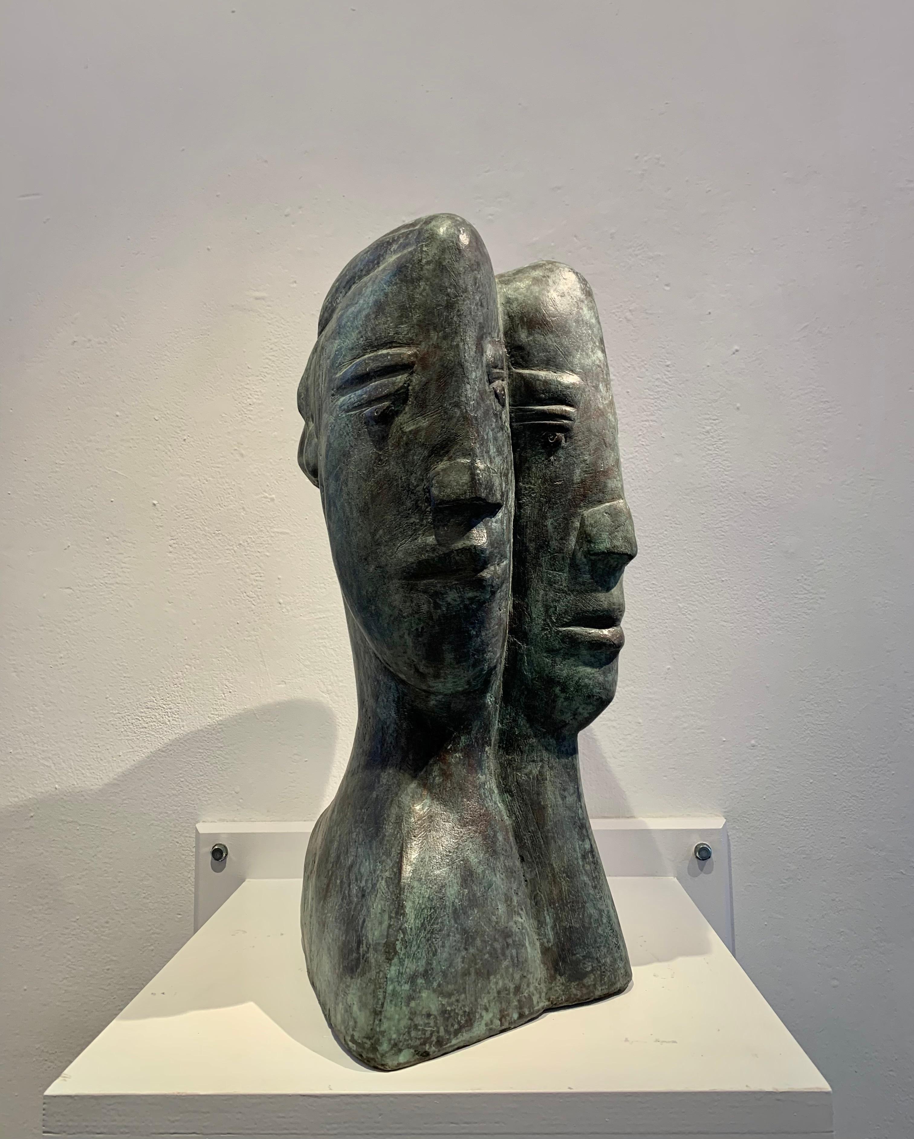 Two Faces Verlangen Desire Bronze Sculpture Dutch Head Portrait Double In Stock - Gold Figurative Sculpture by Theo Mackaay