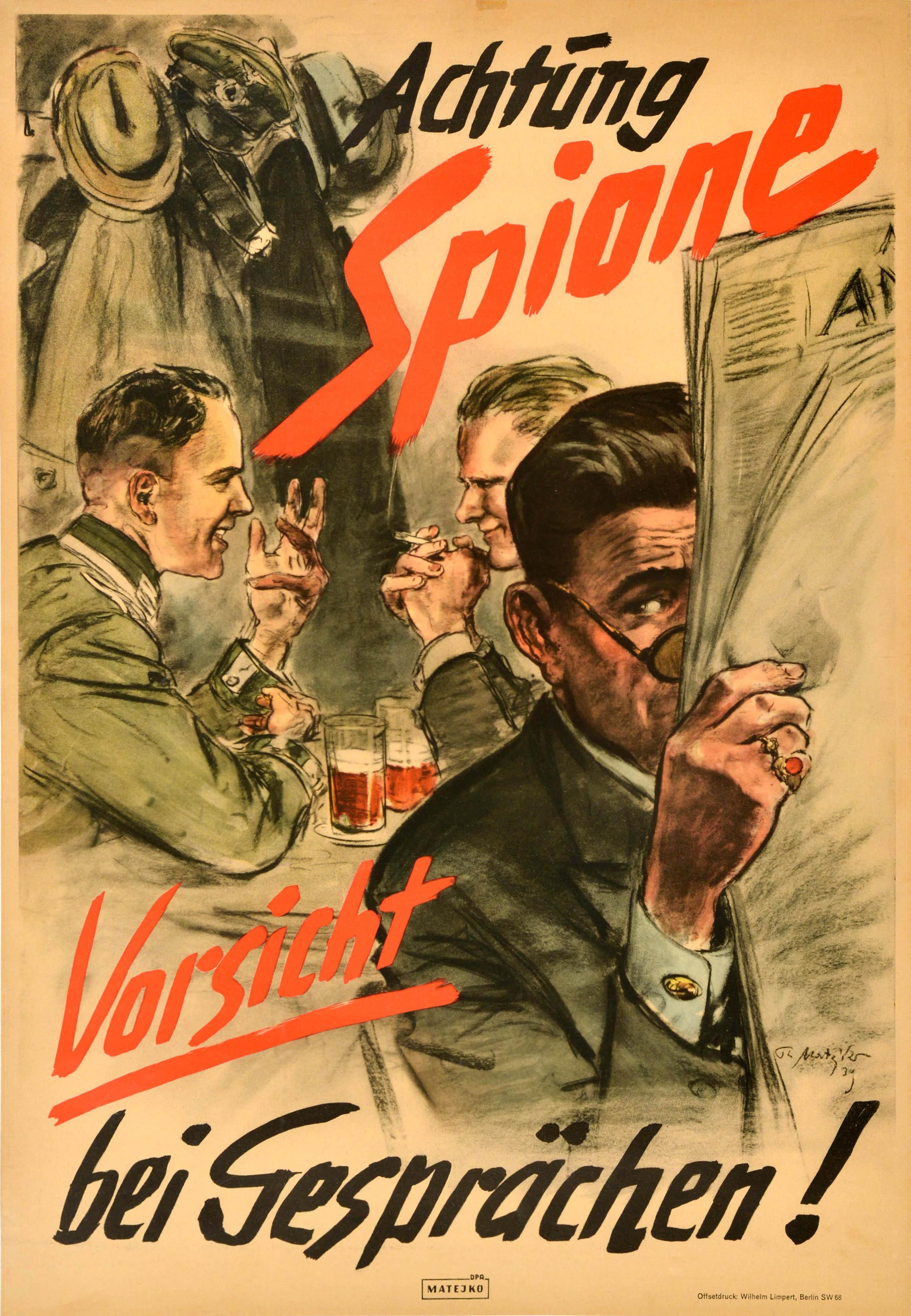 Theo Matejko Print - Original Vintage Propaganda Poster Beware Of Spies Achtung Spione Germany WWII