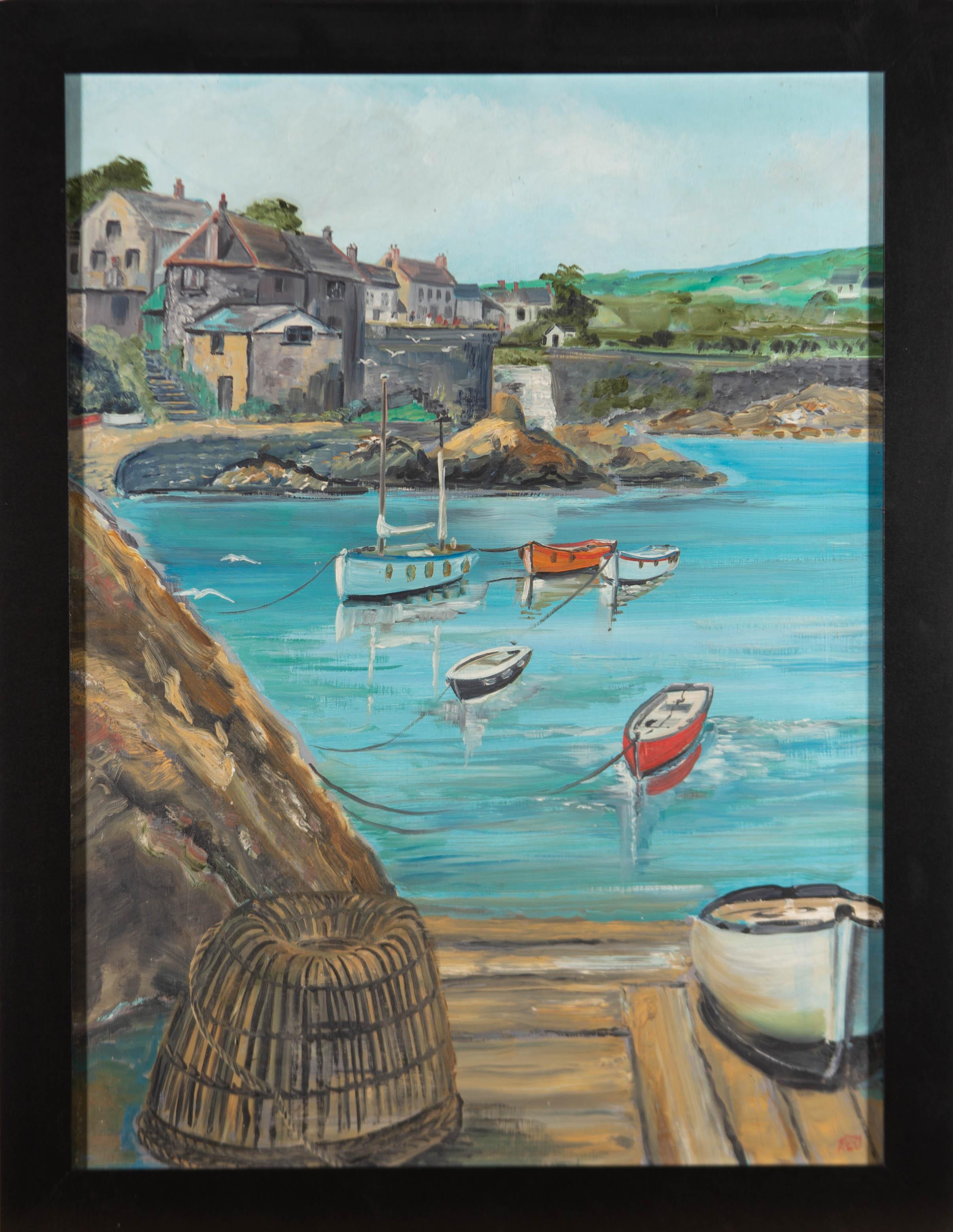 A vibrant oil painting, depicting a coastal town view with small docked boats. Signed to the lower right-hand corner. Well-presented in a simple black contemporary frame. On board.