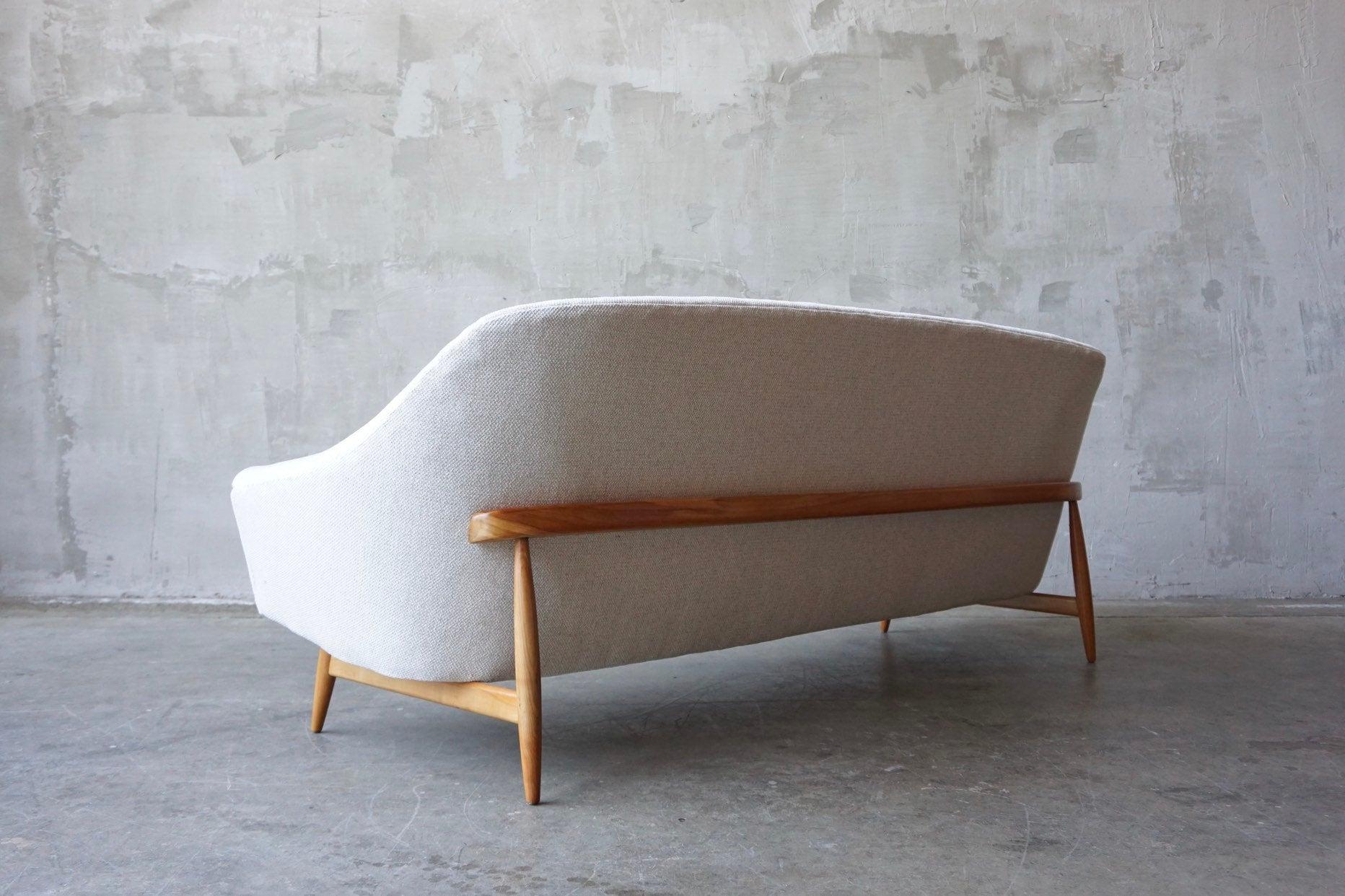 Mid-Century Modern Theo Ruth Attributed Bracket Back Sofa in Off-White Tweed