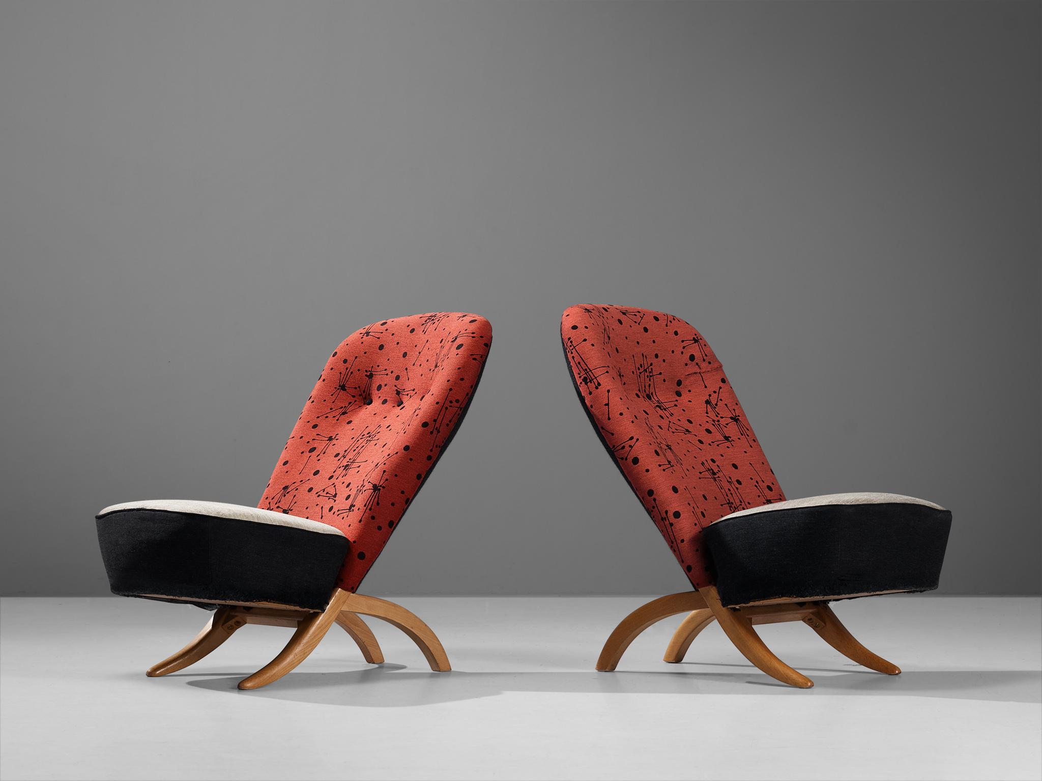 Theo Ruth for Artifort, ‘Congo’ lounge chairs, wood, fabric, The Netherlands, 1952

Set of iconic ‘Congo’ easy chairs by Theo Ruth. These chairs have a unique construction, forced by tension and gravity. The back and seating are two separate