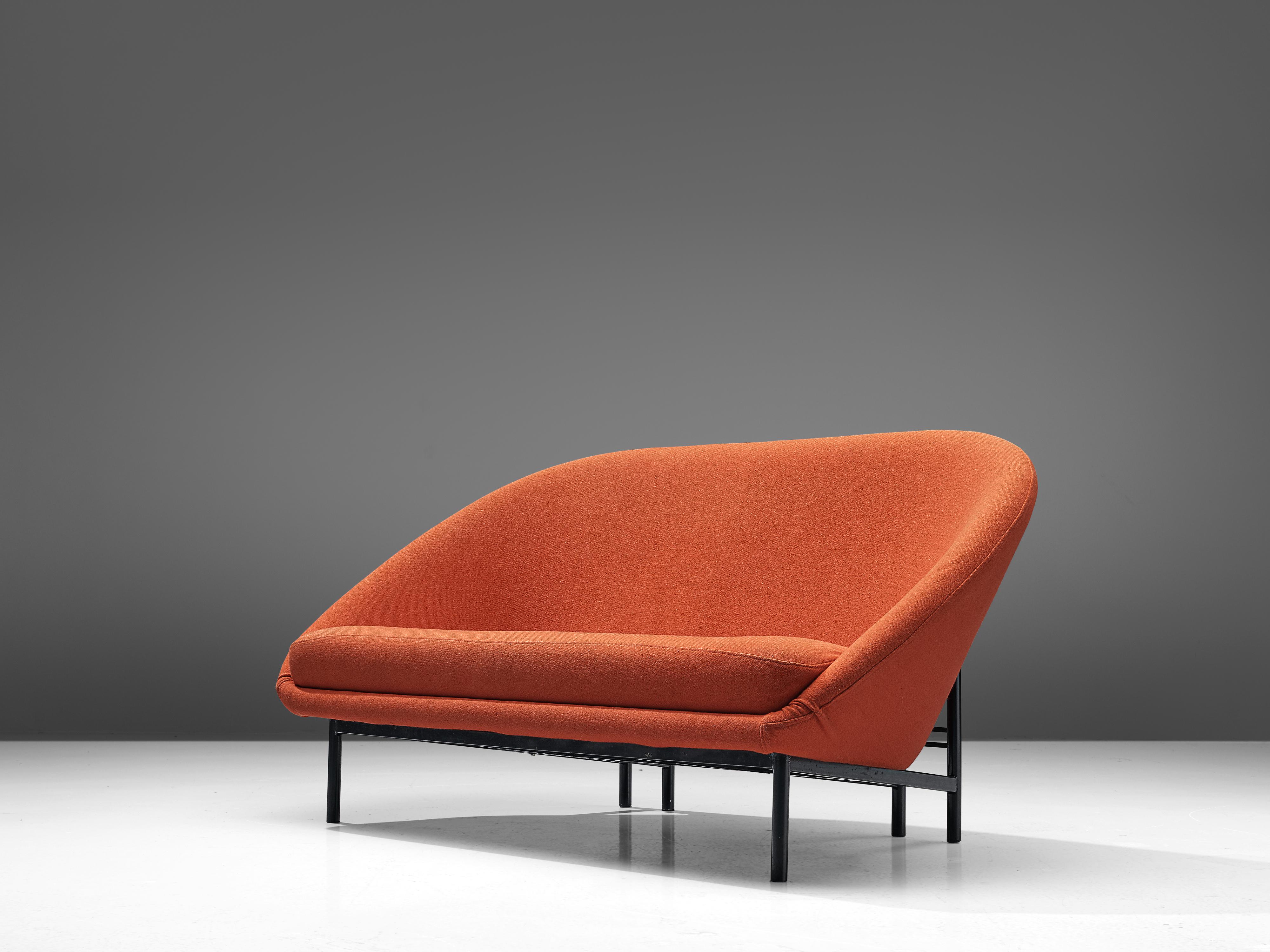 Theo Ruth for Artifort, sofa, fabric, lacquered steel, The Netherlands, 1970.

A Dutch two-seat sofa in orange red colored fabric by Theo Ruth. The back tilts slightly backwards and has the recognizable natural flow and feel of Ruth's design. The