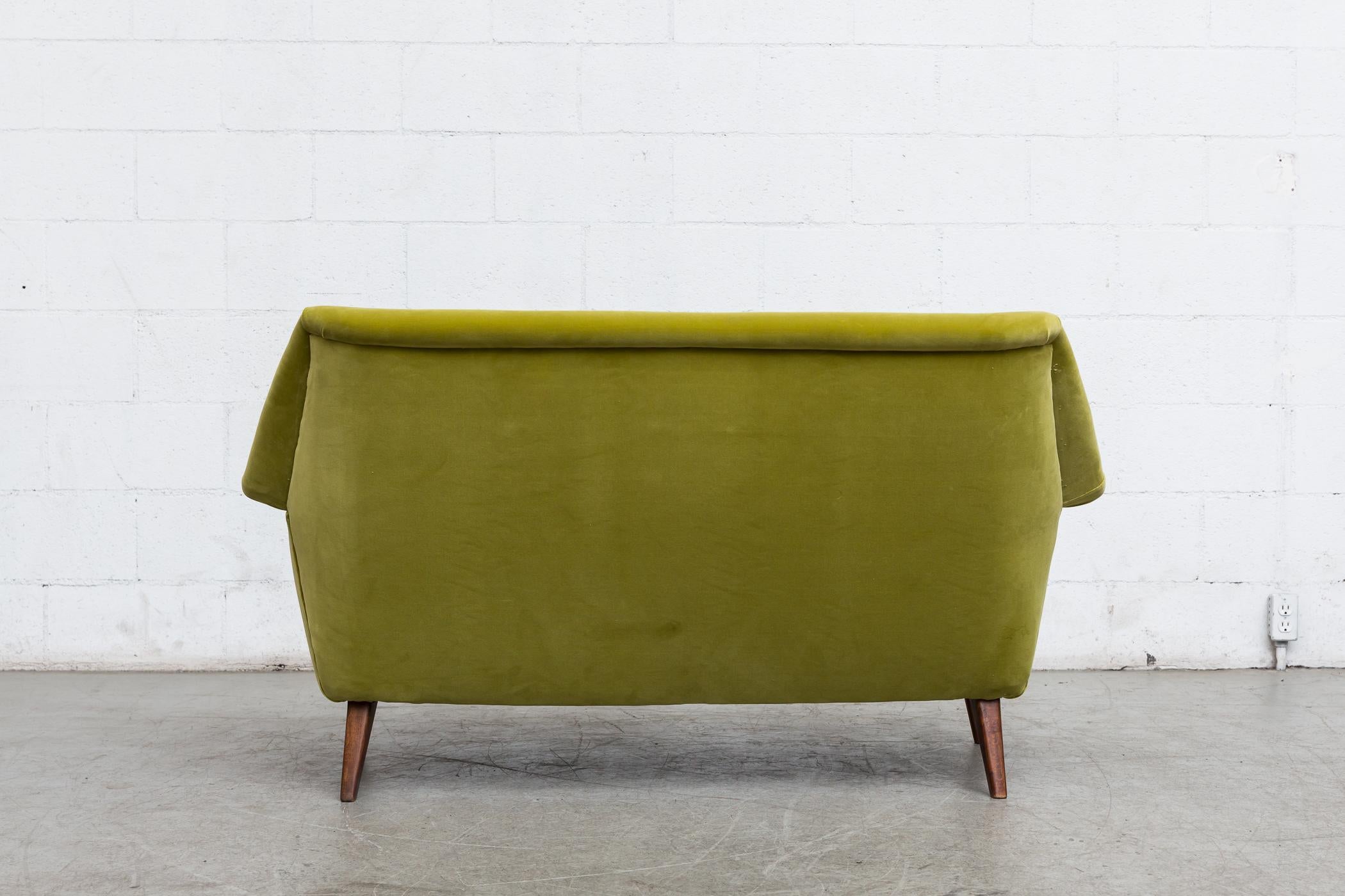 Theo Ruth Inspired Kiwi Velvet Midcentury Loveseat In Good Condition In Los Angeles, CA