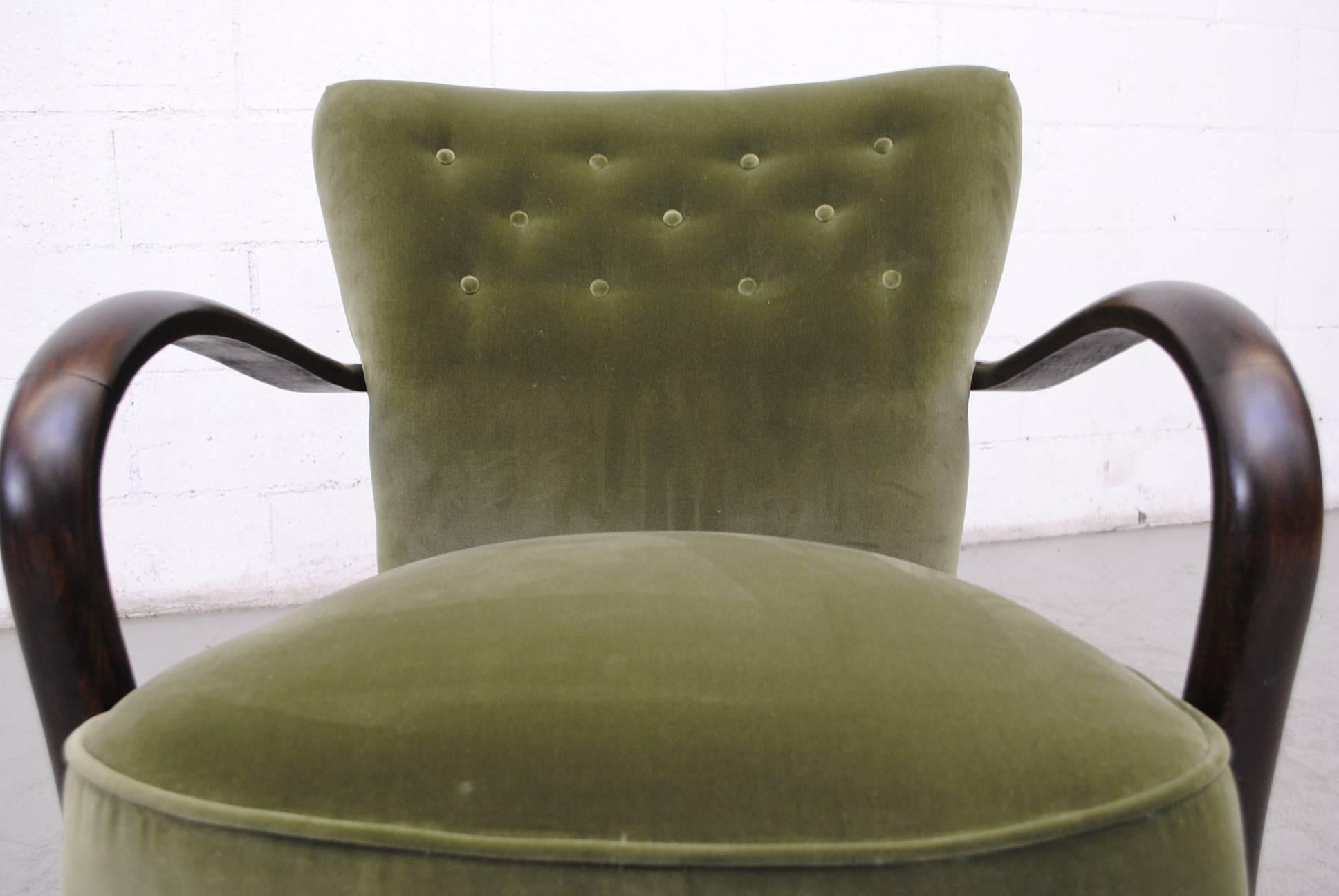 Mid-20th Century Theo Ruth Inspired Olive Velvet Lounge Chair