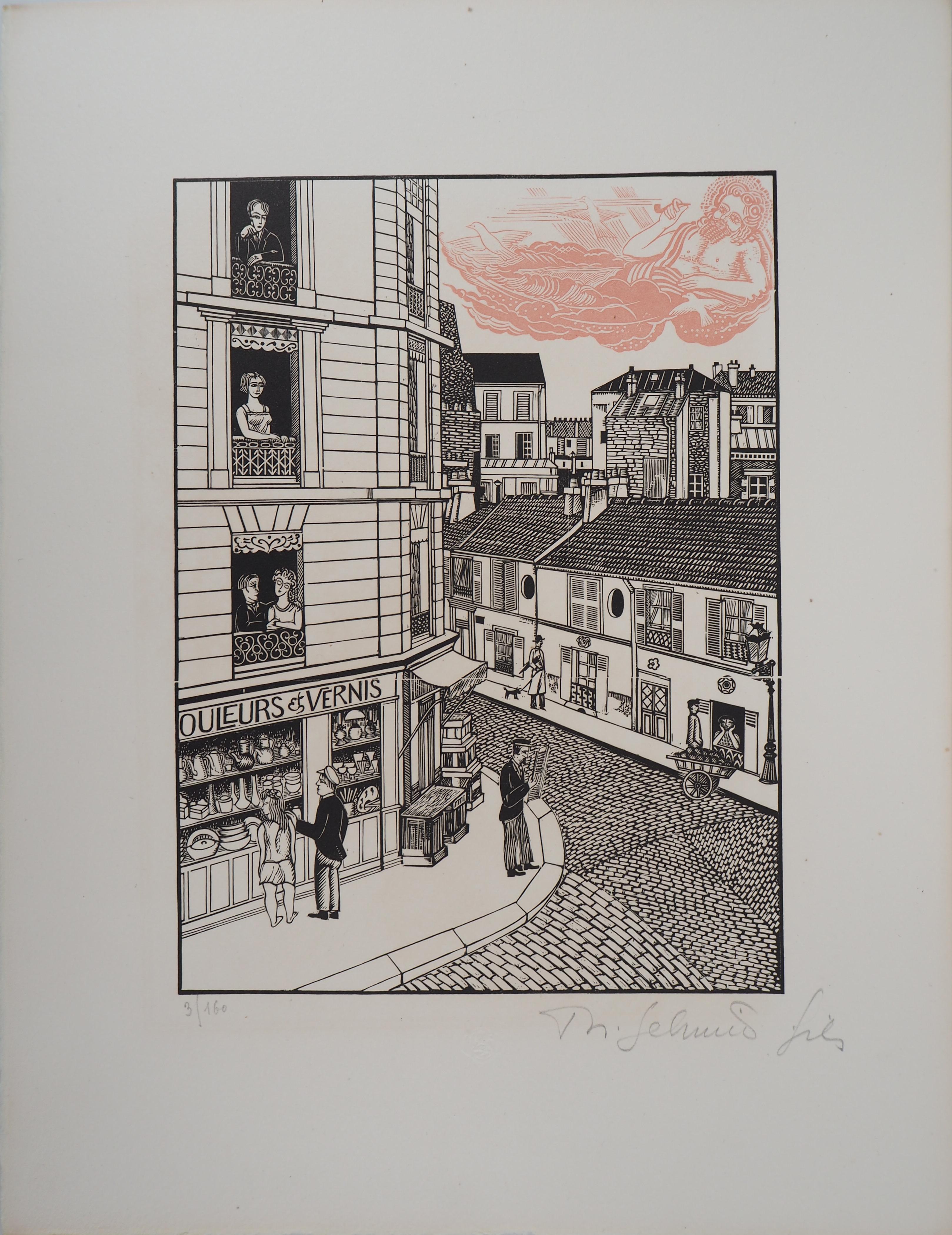 Paris : Art Inspiration on the City - Original wooodcut, Handsigned - Art Deco Print by Theo SCHMIED
