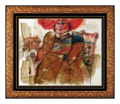 Vintage Theo Tobiasse Original Gouache Painting Female Portrait Signed Modernism Art oil