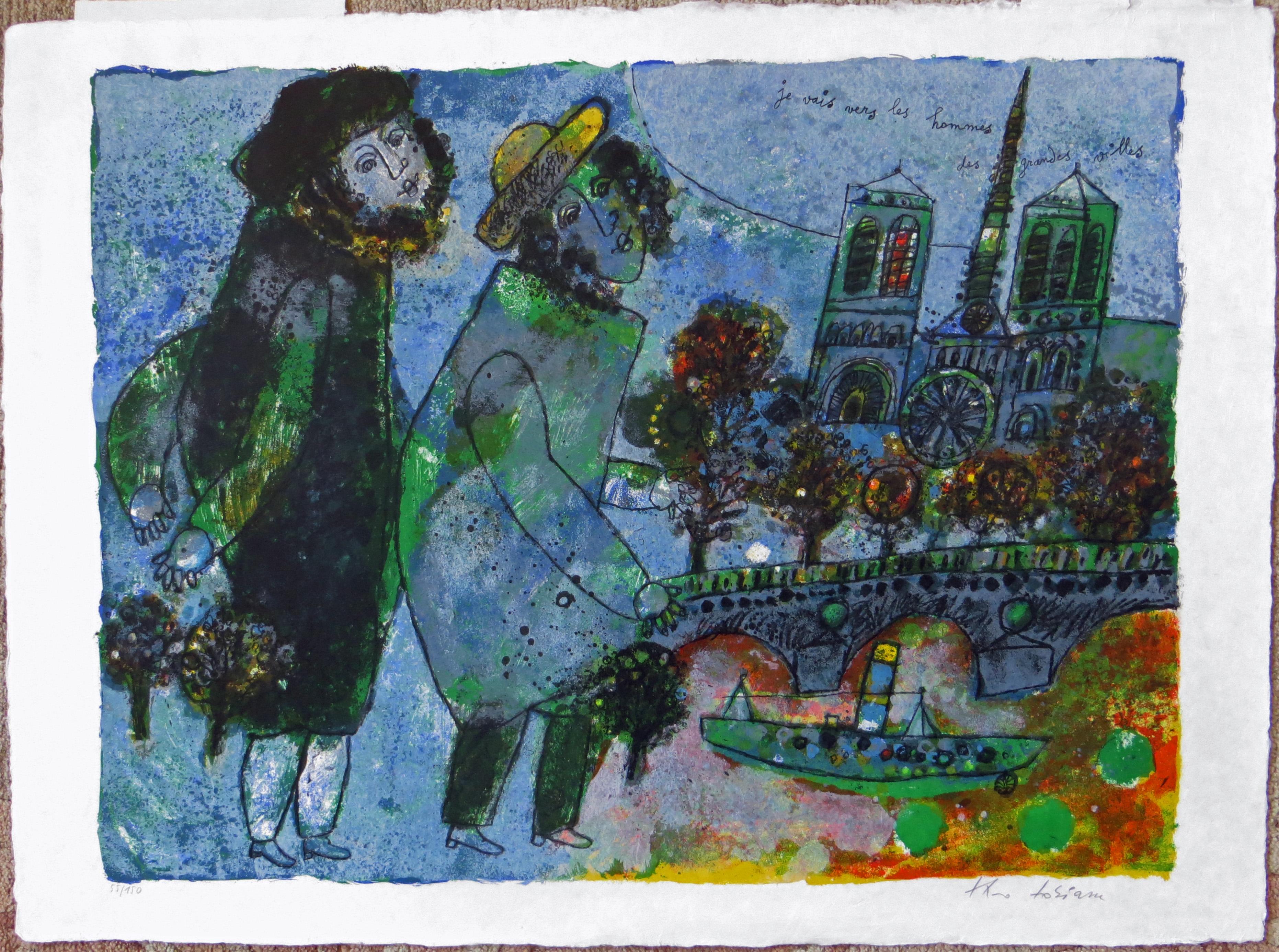 je vais vers les hommes des grandes villes. Parisian scene with Notre Dame - Print by Théo Tobiasse