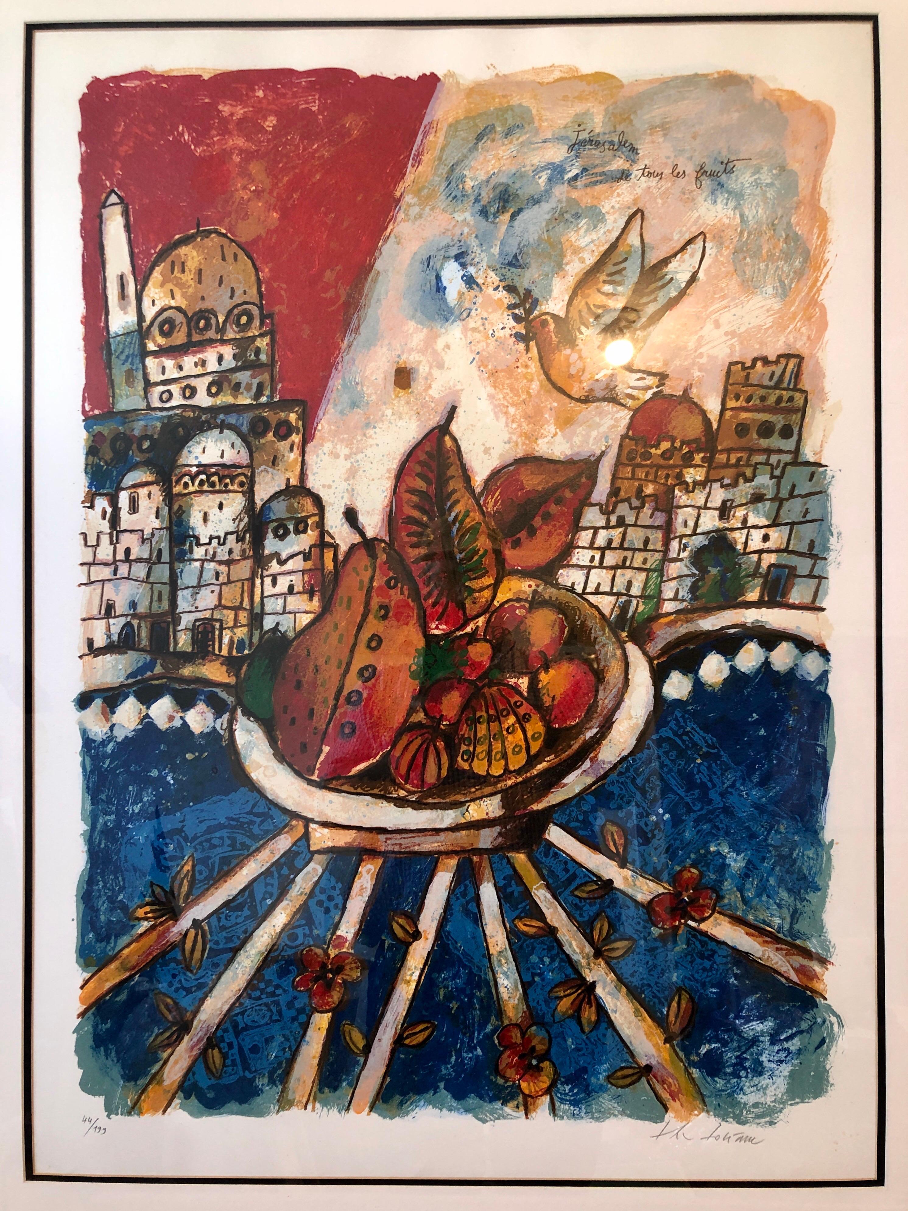 Grande lithographie judaïque française colorée de Jérusalem en hébreu juif - Moderne Print par Théo Tobiasse