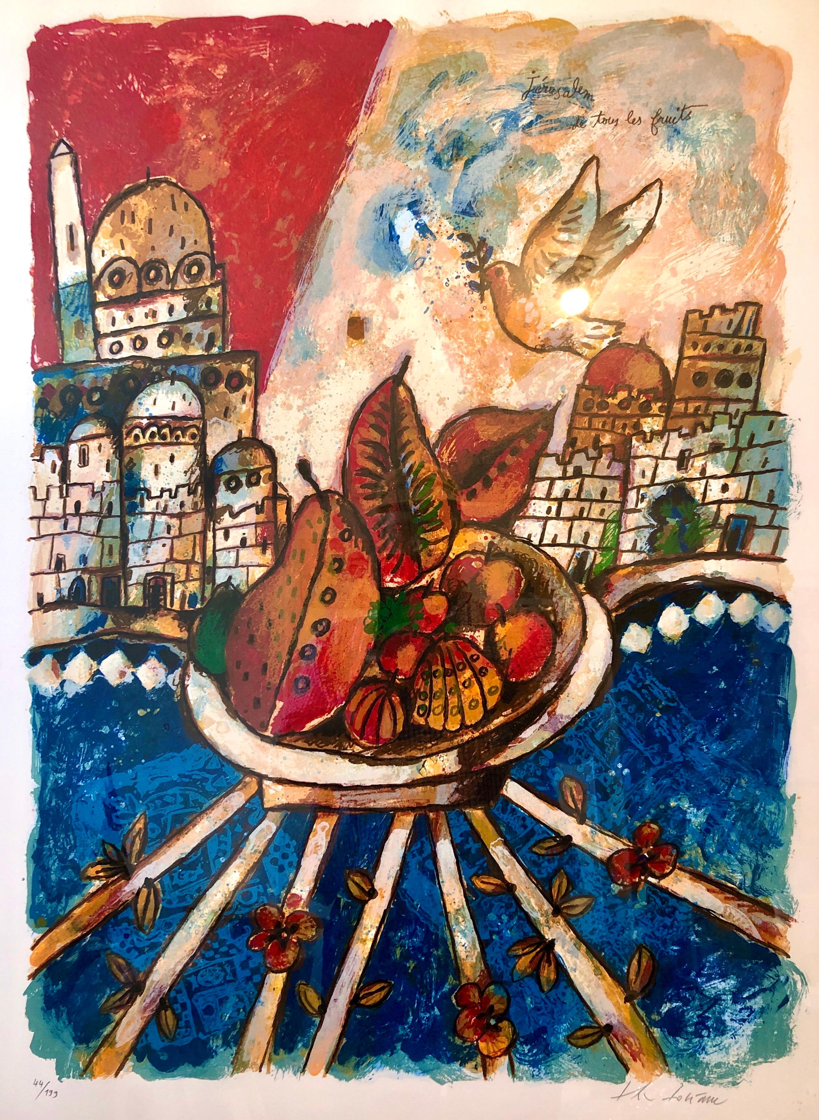 Large French Judaica Lithograph Colorful Jewish Jerusalem Hebrew 5