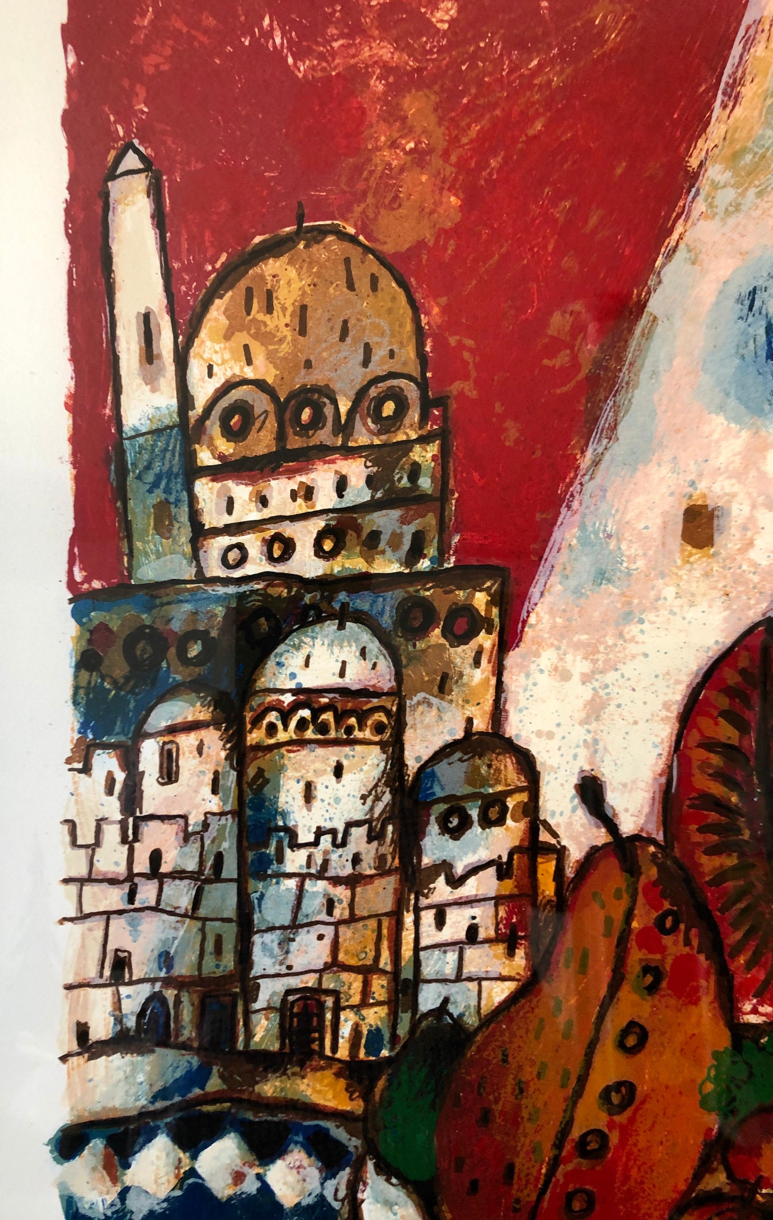 Large French Judaica Lithograph Colorful Jewish Jerusalem Hebrew 2