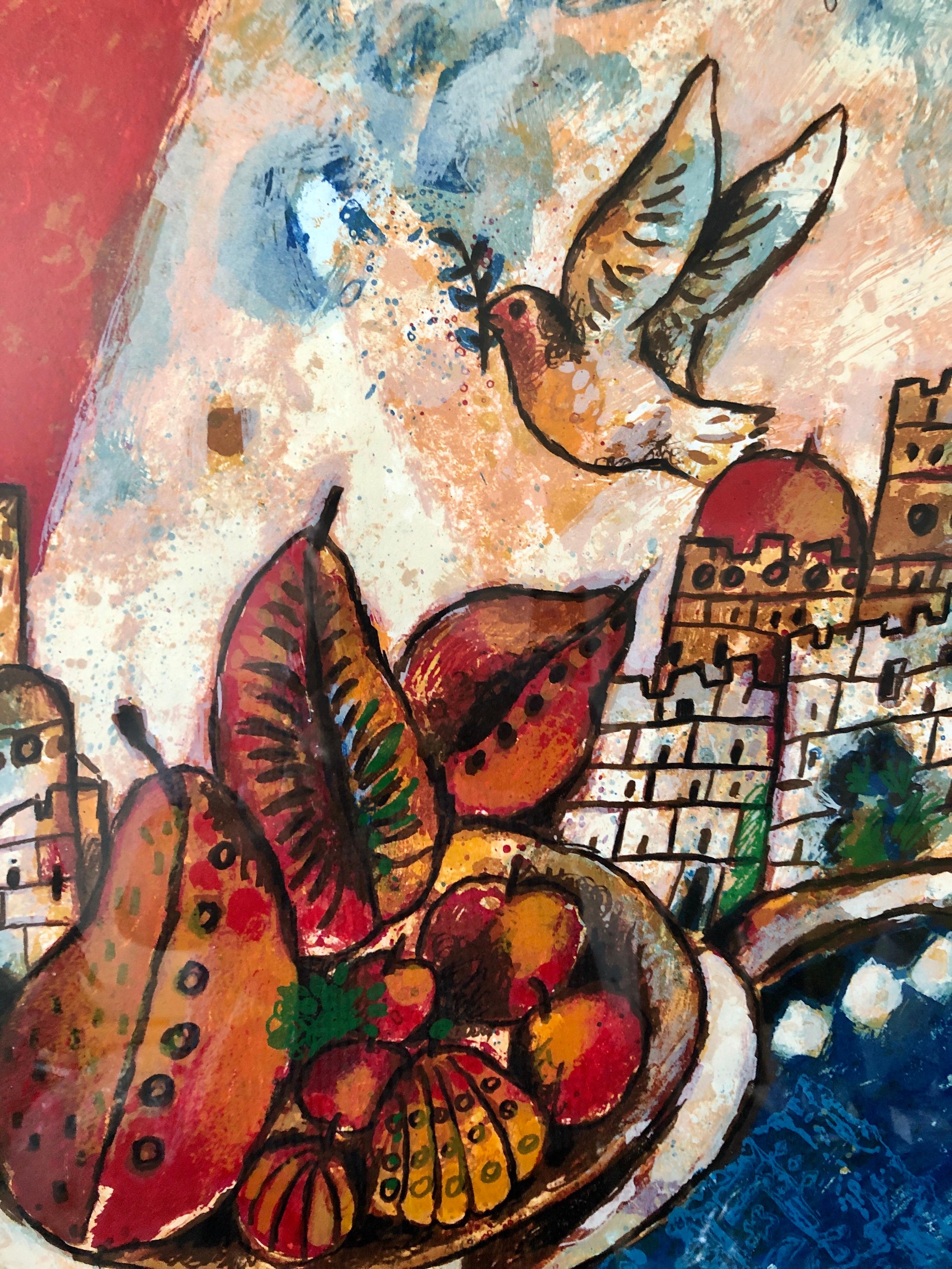 Large French Judaica Lithograph Colorful Jewish Jerusalem Hebrew 3