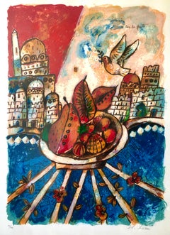 Large French Judaica Lithograph Colorful Jewish Jerusalem Hebrew
