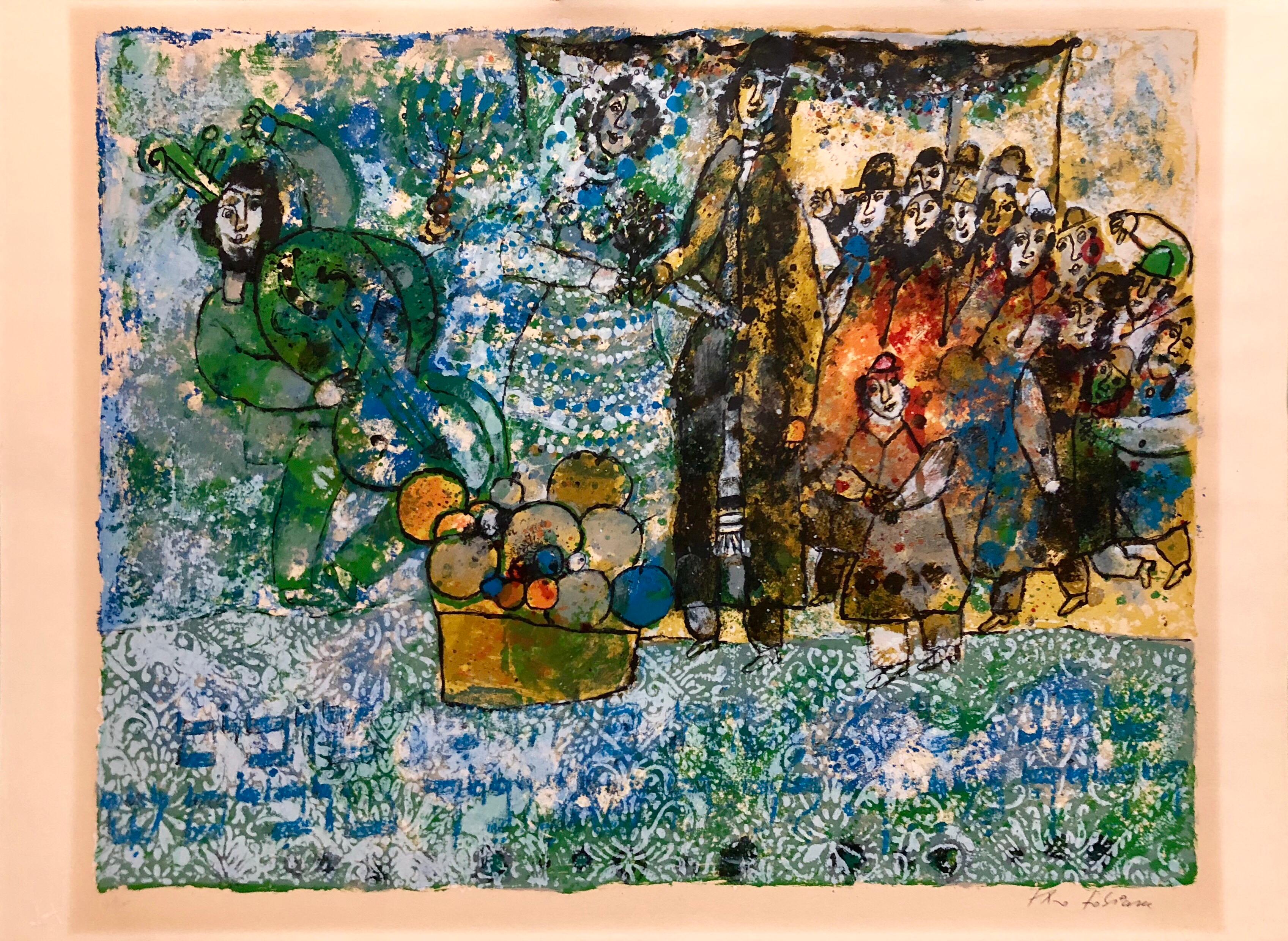 Große französische Judaica-Lithographie, farbenfrohe jüdische Hochzeit, Hebräische Kalligrafie im Angebot 5