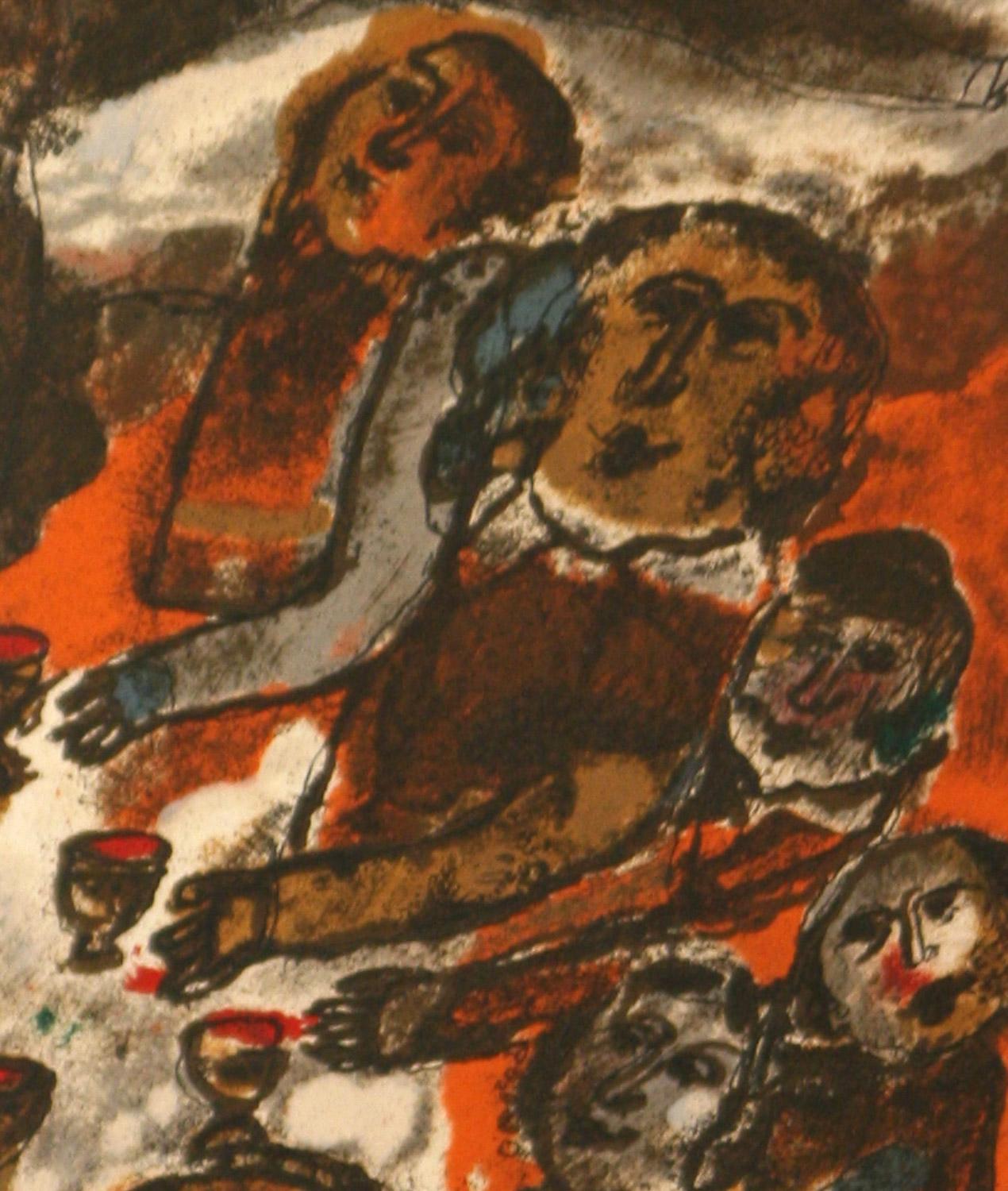     Le Seder de Tobiasse montre un groupe de onze hommes, femmes et enfants assis et debout autour de la table du Seder sur un fond orange. Cette lithographie originale est en bon état avec une petite déchirure réparée dans la marge inférieure et