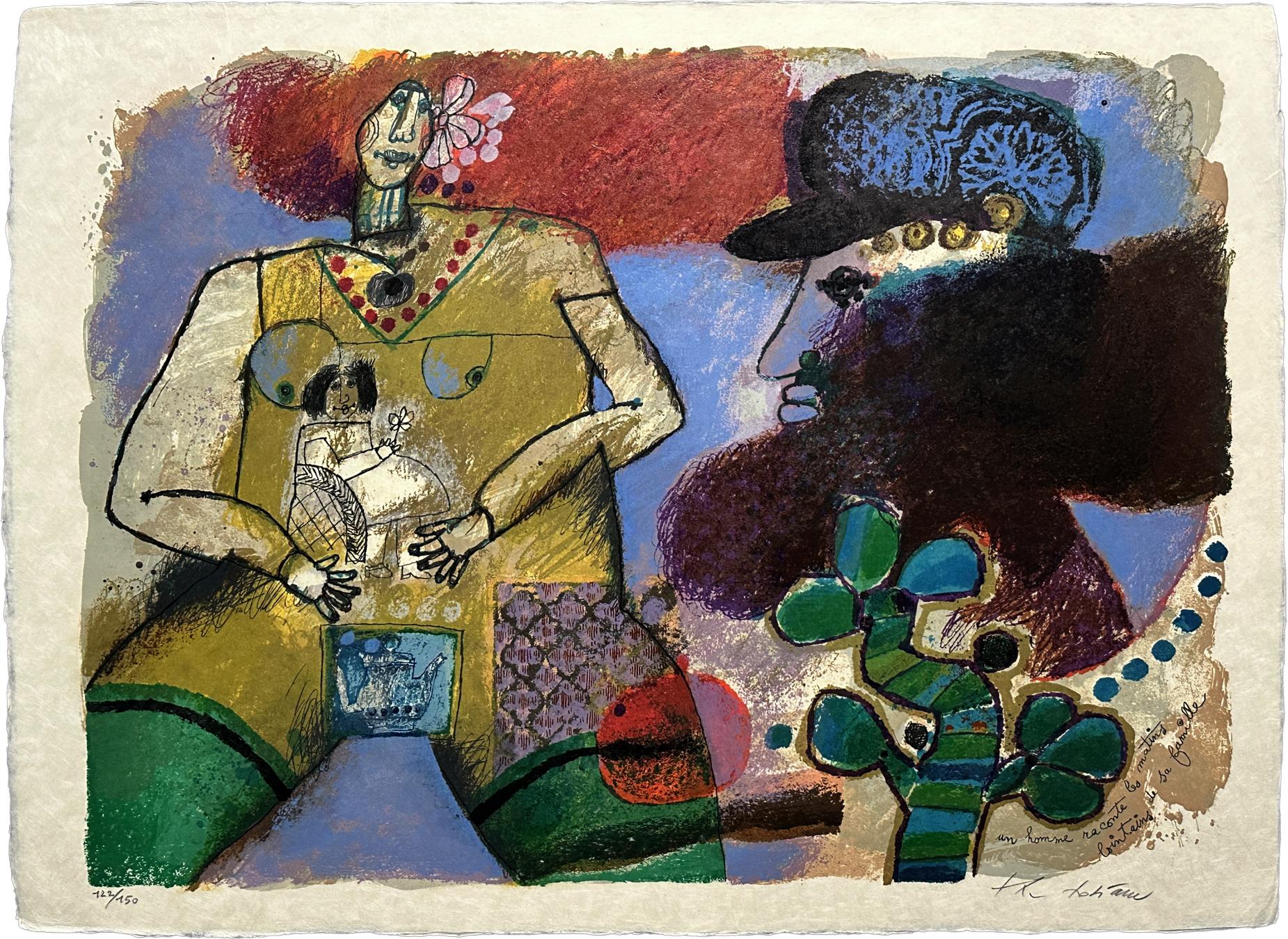 Litografia firmata su pergamena giapponese Un uomo mi racconta la mattina del suo lontano f