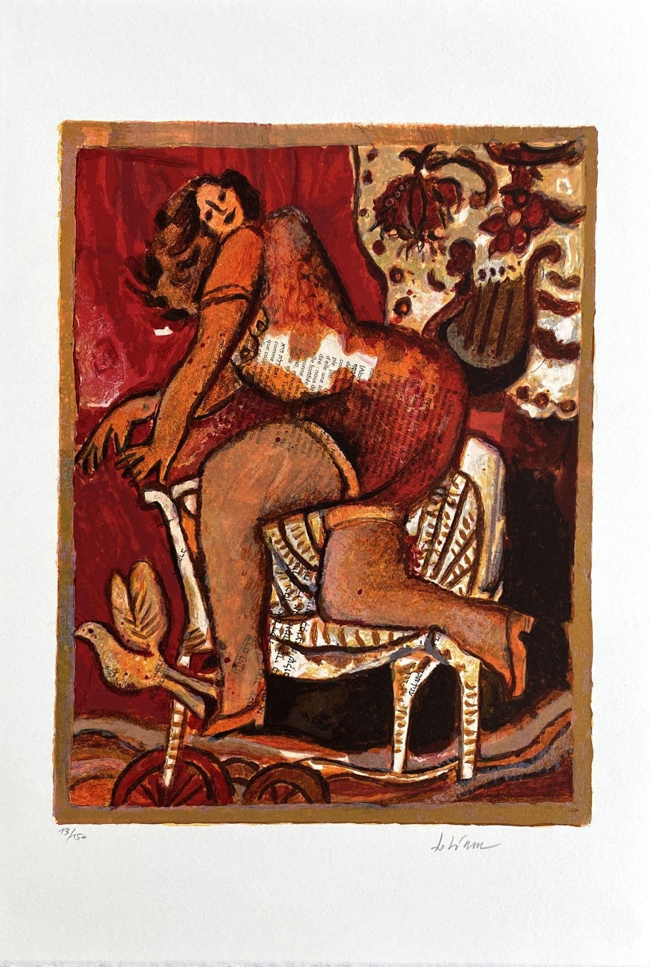 Figurative Print Théo Tobiasse - Song of Songs : Woman With a Chair - Lithographie originale signée à la main et numérotée