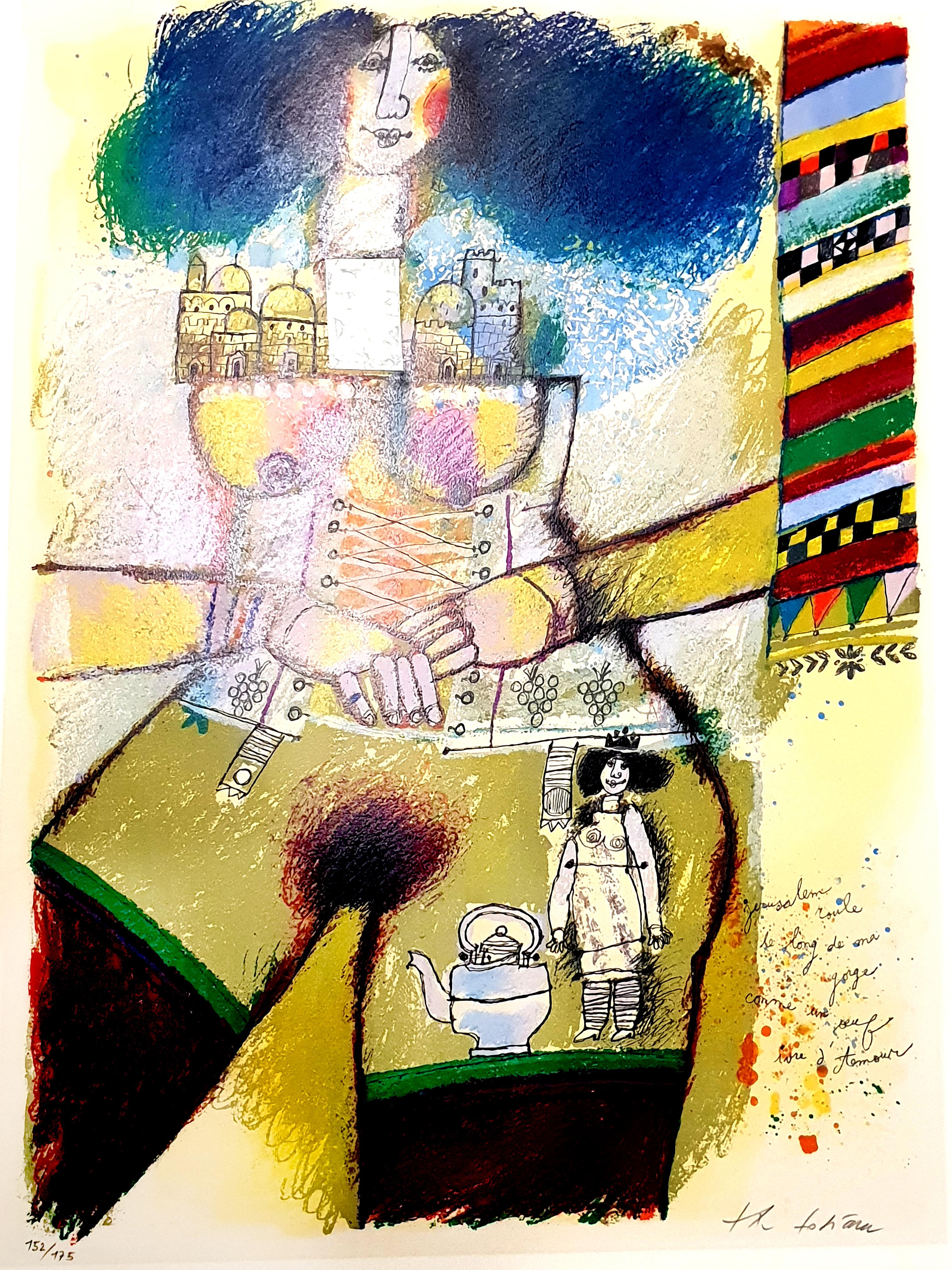Théo Tobiasse - Jerusalem Inside - Original Lithograph with Collage - Print by Théo Tobiasse