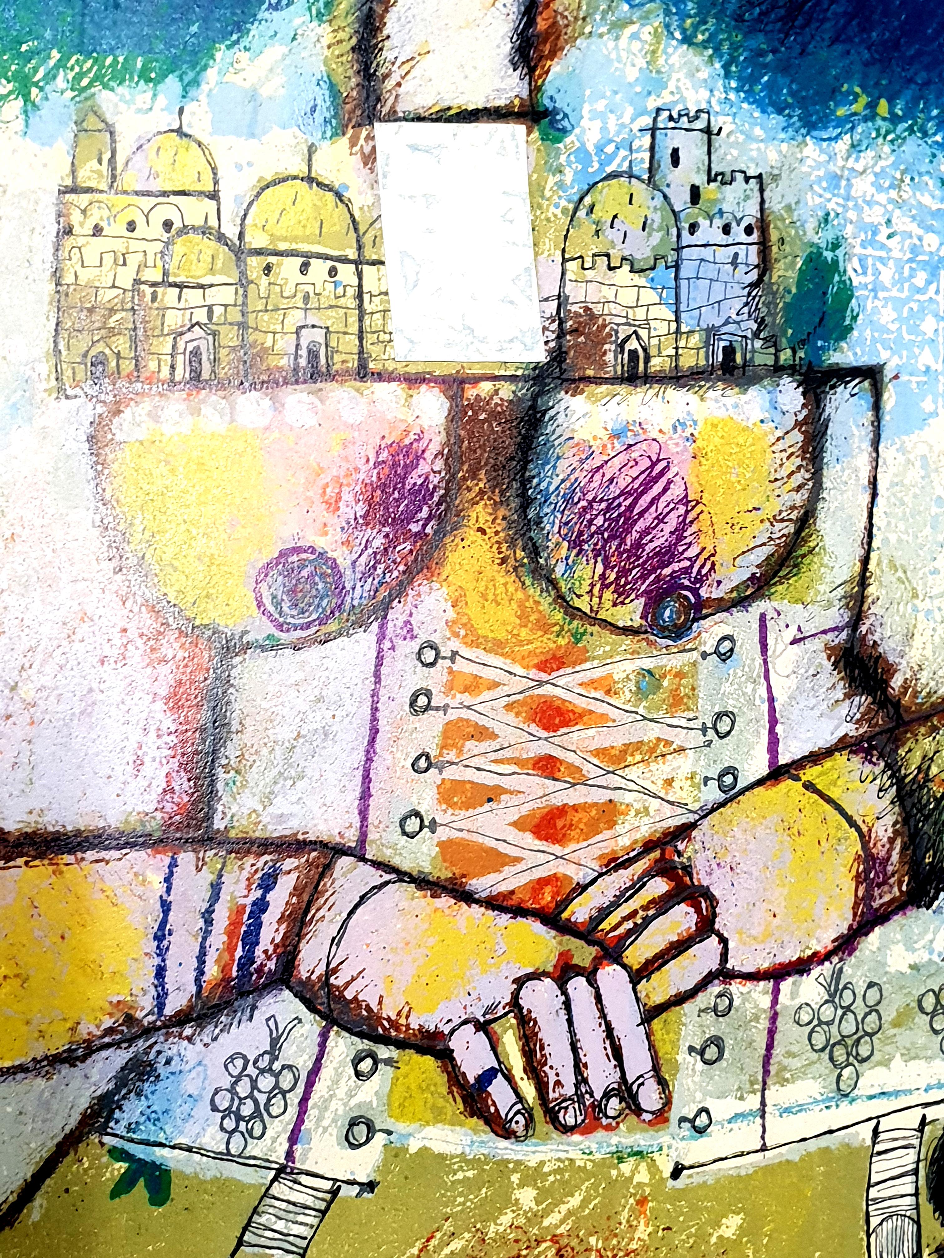 Théo Tobiasse - Jerusalem Inside - Original Lithograph with Collage - Beige Figurative Print by Théo Tobiasse