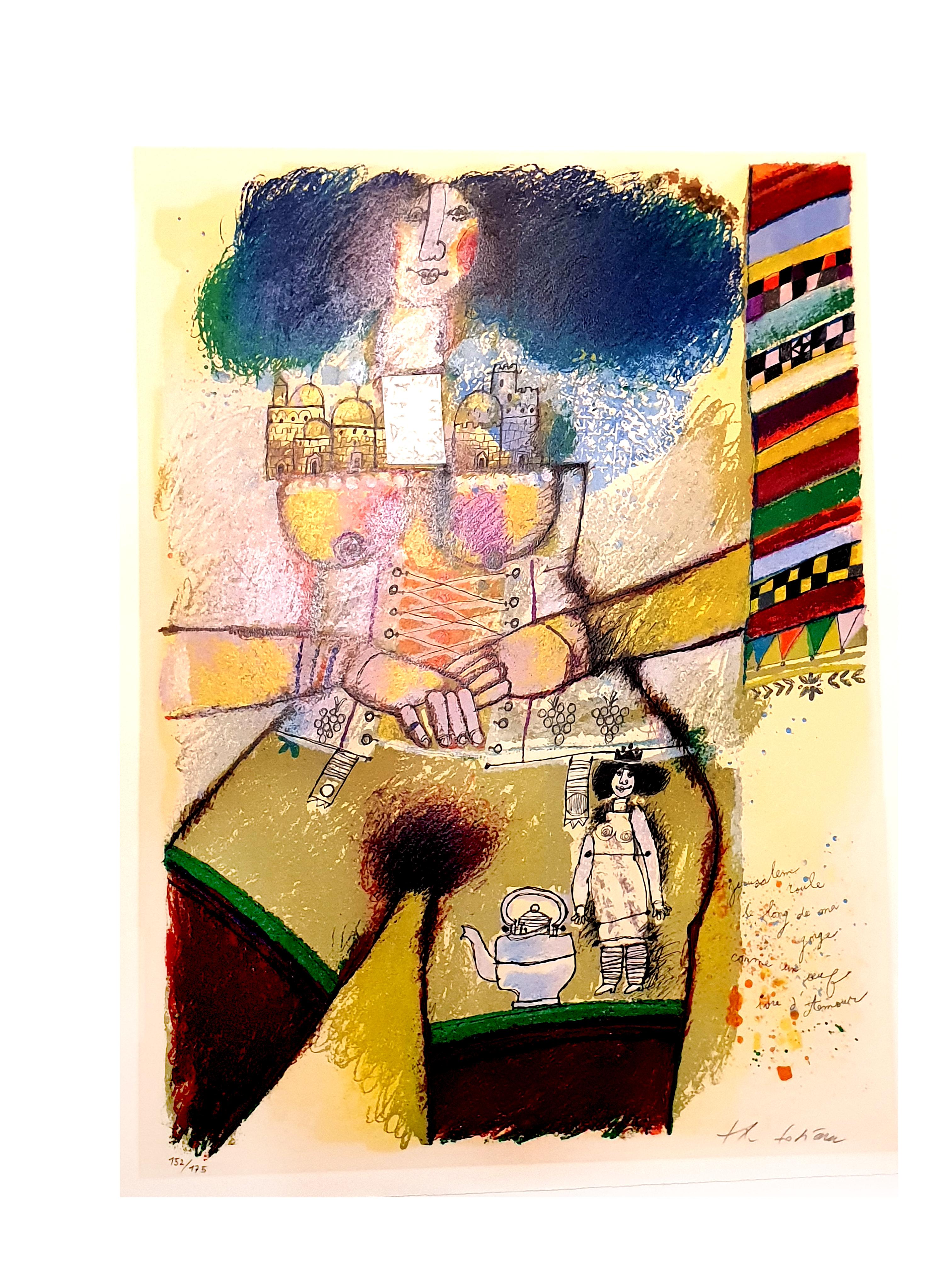 Théo Tobiasse Figurative Print - Théo Tobiasse - Jerusalem Inside - Original Lithograph with Collage