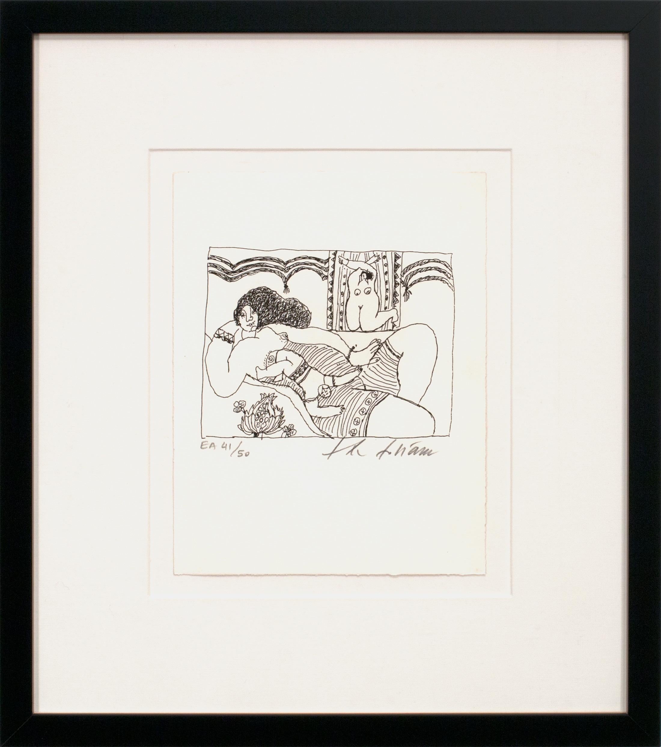 THÉO TOBIASSE (1927–2012) – FROM "AUX FRANGES DE L'ÉVEIL"
Original Lithograph on Vélin d'Arches ⚜ Hand Signed and Numbered ⚜ Black Wood Frame
 
A LYRICAL LINE COMPOSITION FROM TOBIASSE'S 1987 LIVRE D'ARTISTE WITH POET MARIE-AGNÈS COUROUBLE
This