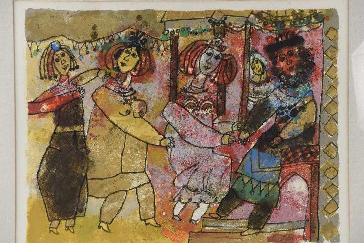 'The Wedding' 1980, color lithograph on paper, edition 28/250 signed lower right by the French-based painter Theo Tabiasse. Born in Joffa, Israel in 1927, he focused intensely on his art while in hiding in Paris during the Nazi occupation. As a